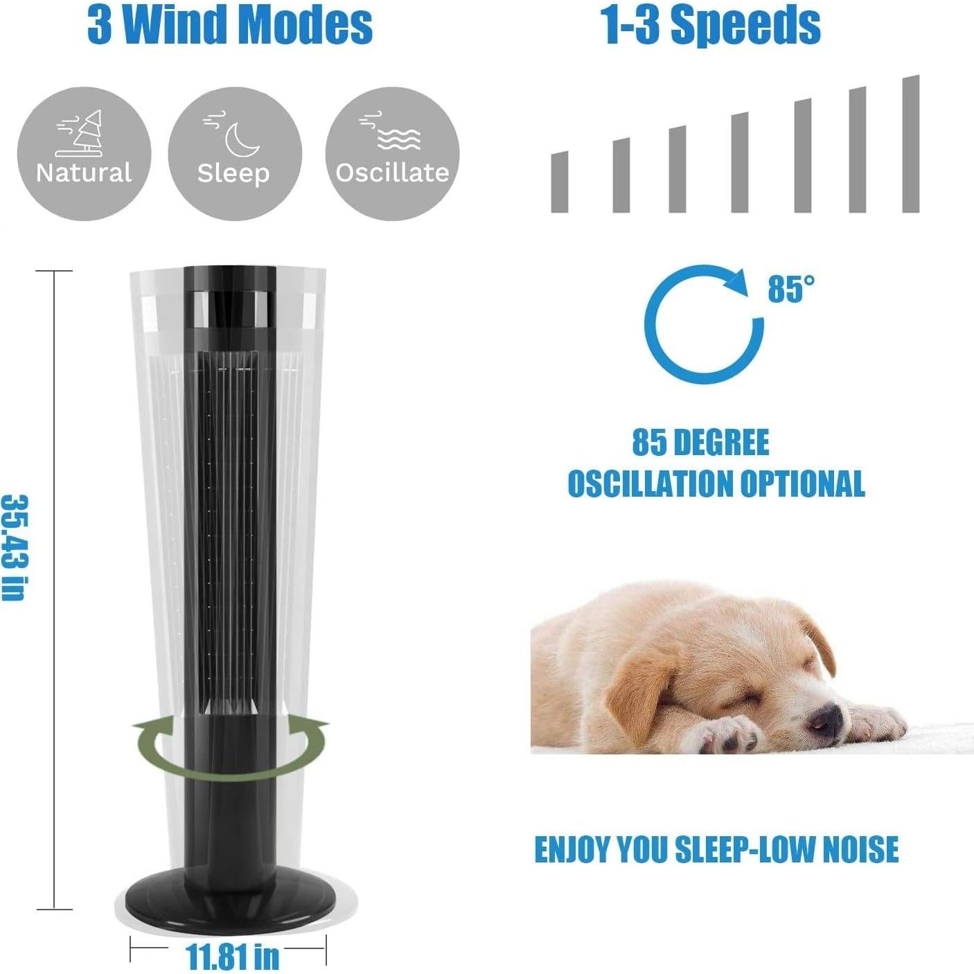 Ventilador de Torre Eléctrico Oscilante Antarctic Star 91.44 cm Negro