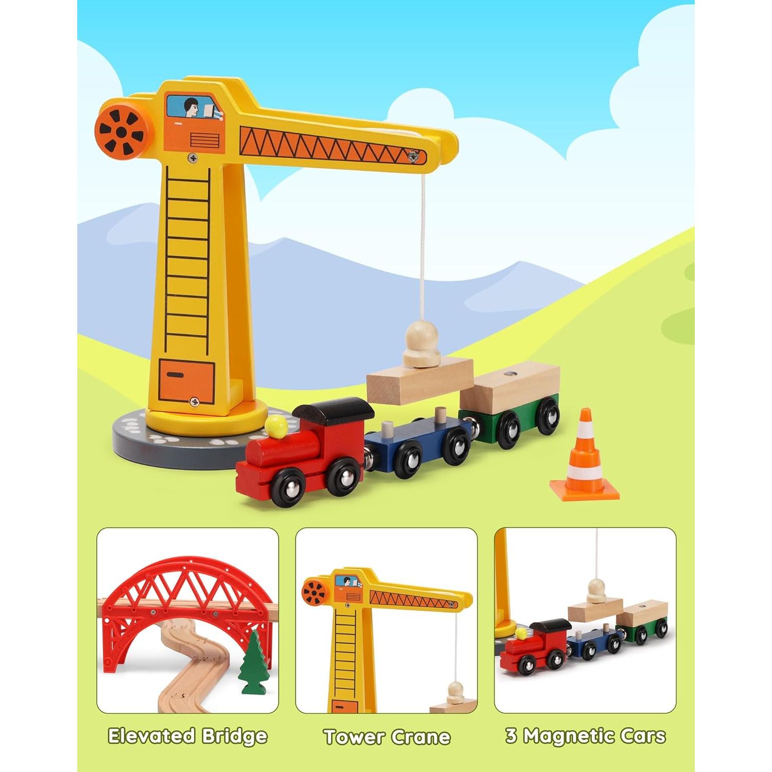 Juego de Tren de Madera SainSmart Jr. 41 Piezas con Grúa