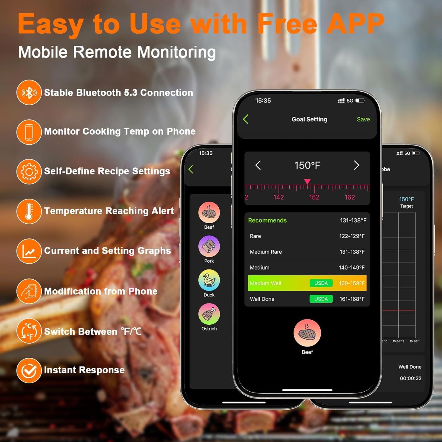 Termómetro de Carne Inalámbrico COOKIT 800FT Bluetooth 5.3