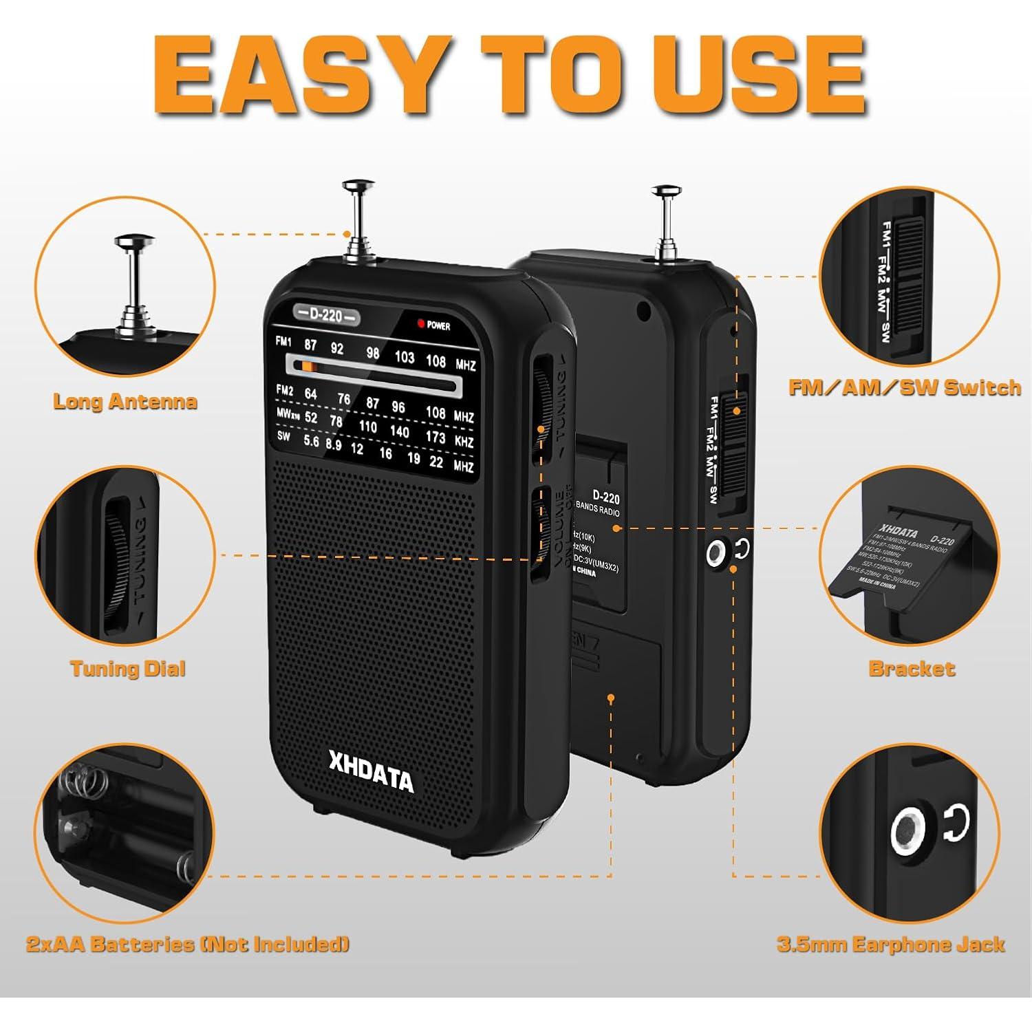 Radio Portátil AM FM XHDATA D220 Onda Corta 125g