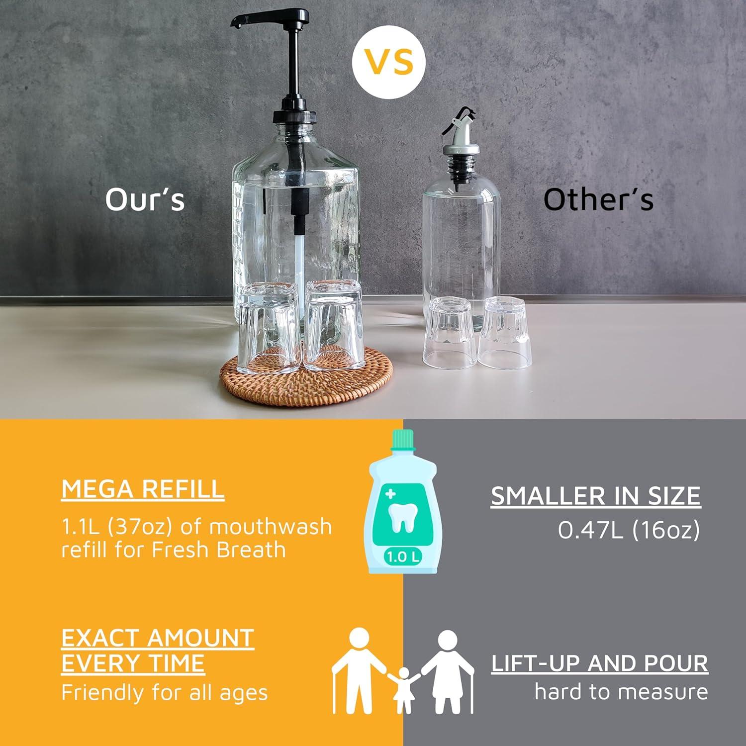 Dispensador de Enjuague Bucal eBun de Vidrio 1L con Tazas