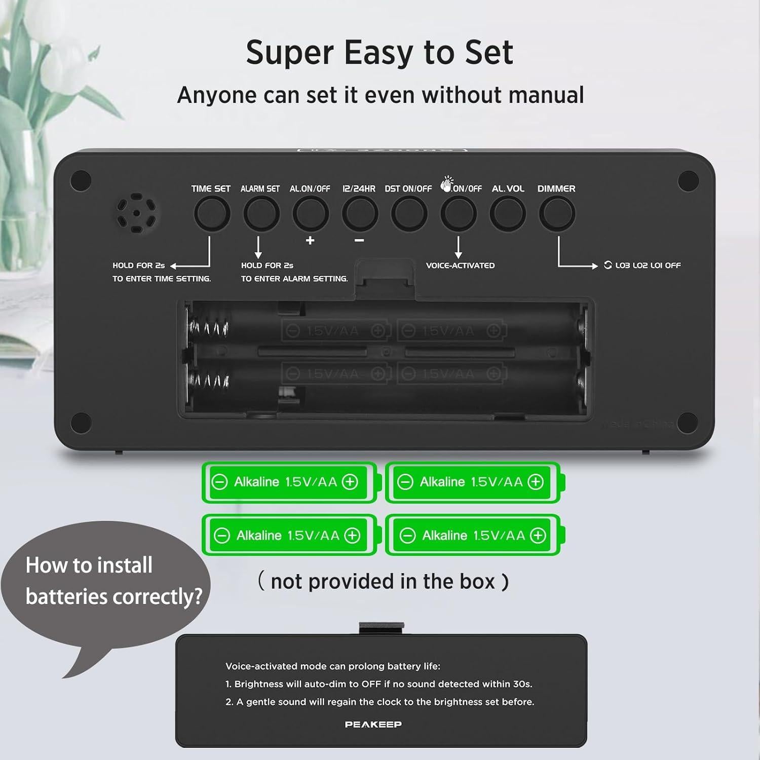 Reloj Despertador Digital Peakeep con Números Grandes Verde