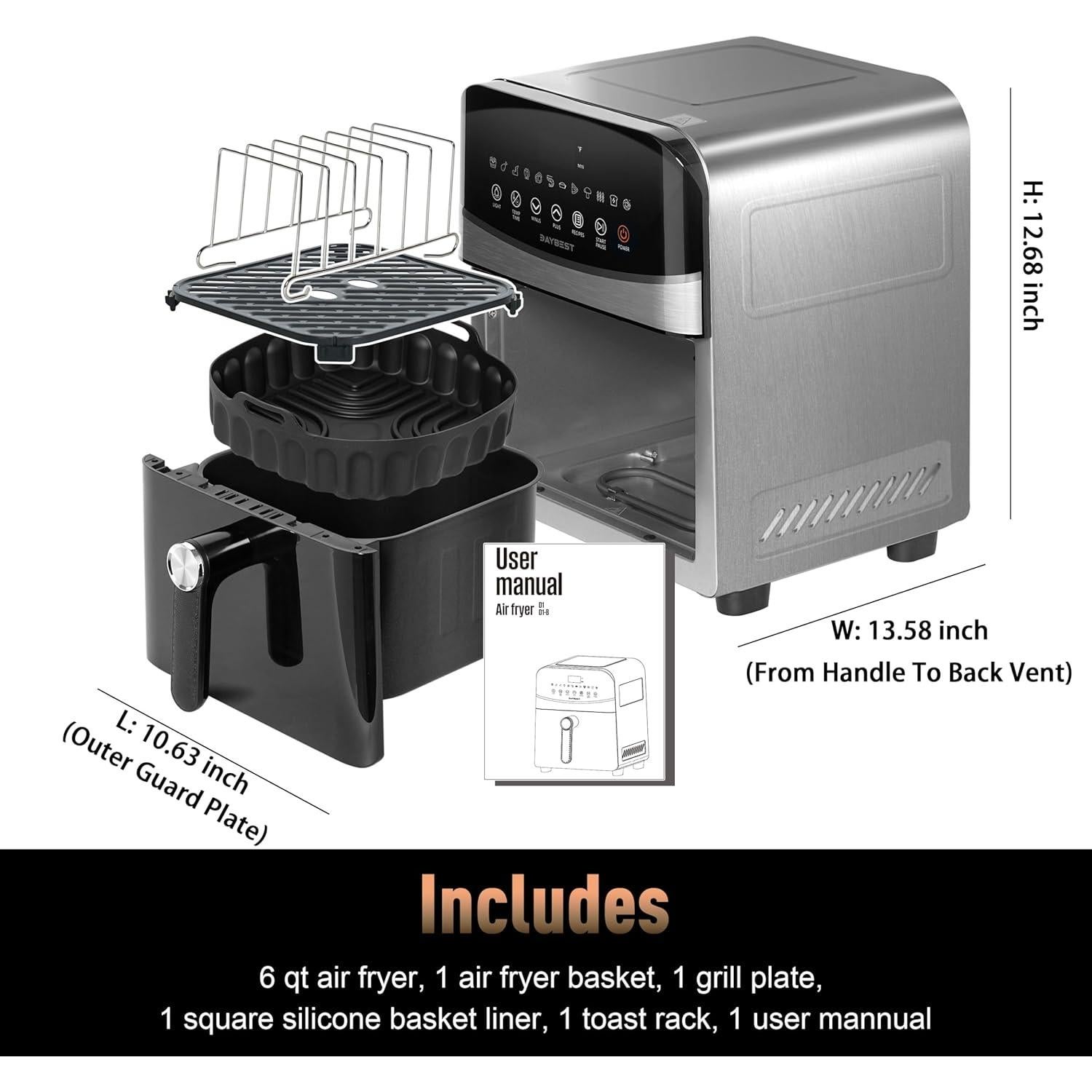 Freidora de Aire DAYBEST 6QT Acero Inoxidable 1700W 12 en 1