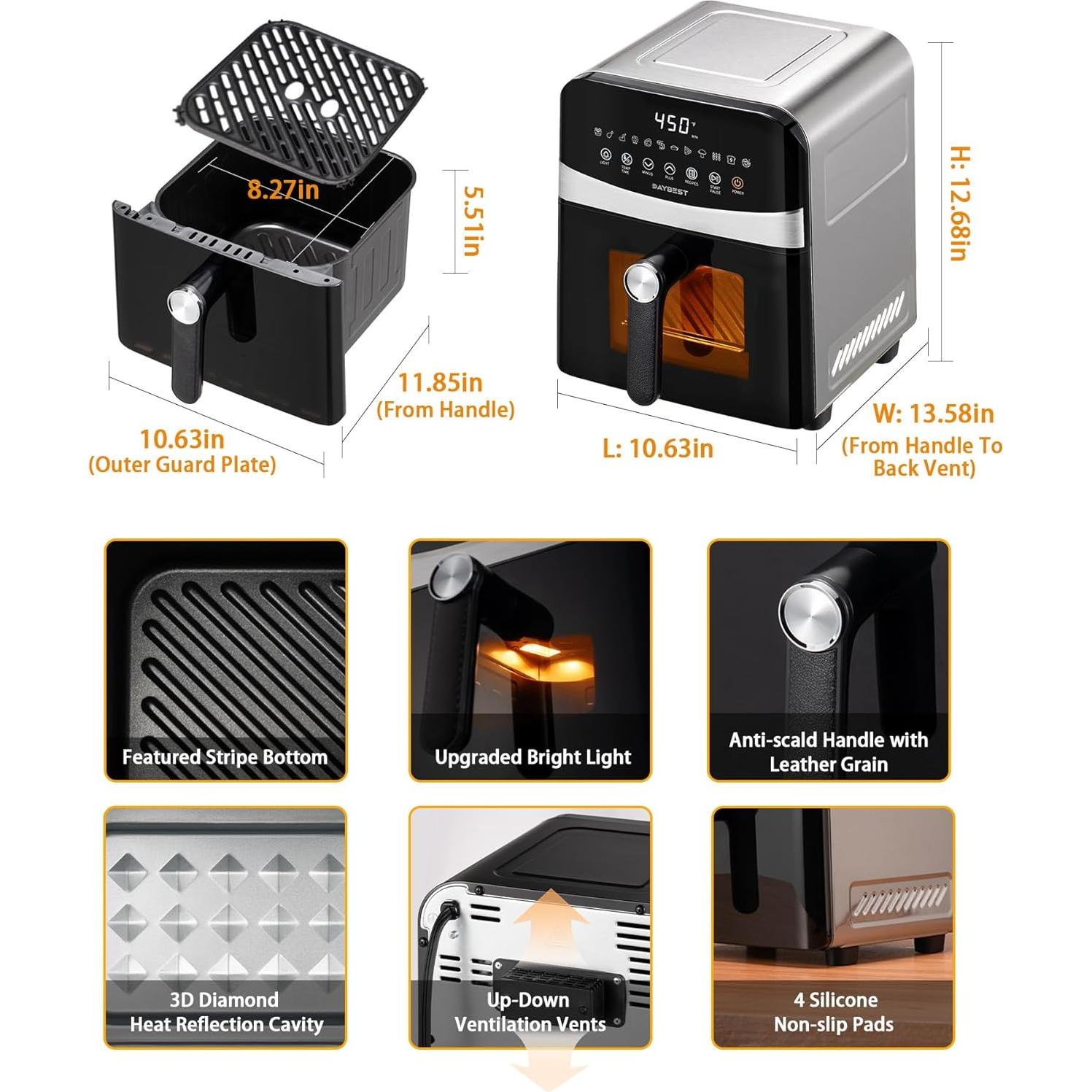 Freidora de Aire DAYBEST 6QT Acero Inoxidable 1700W 12 en 1