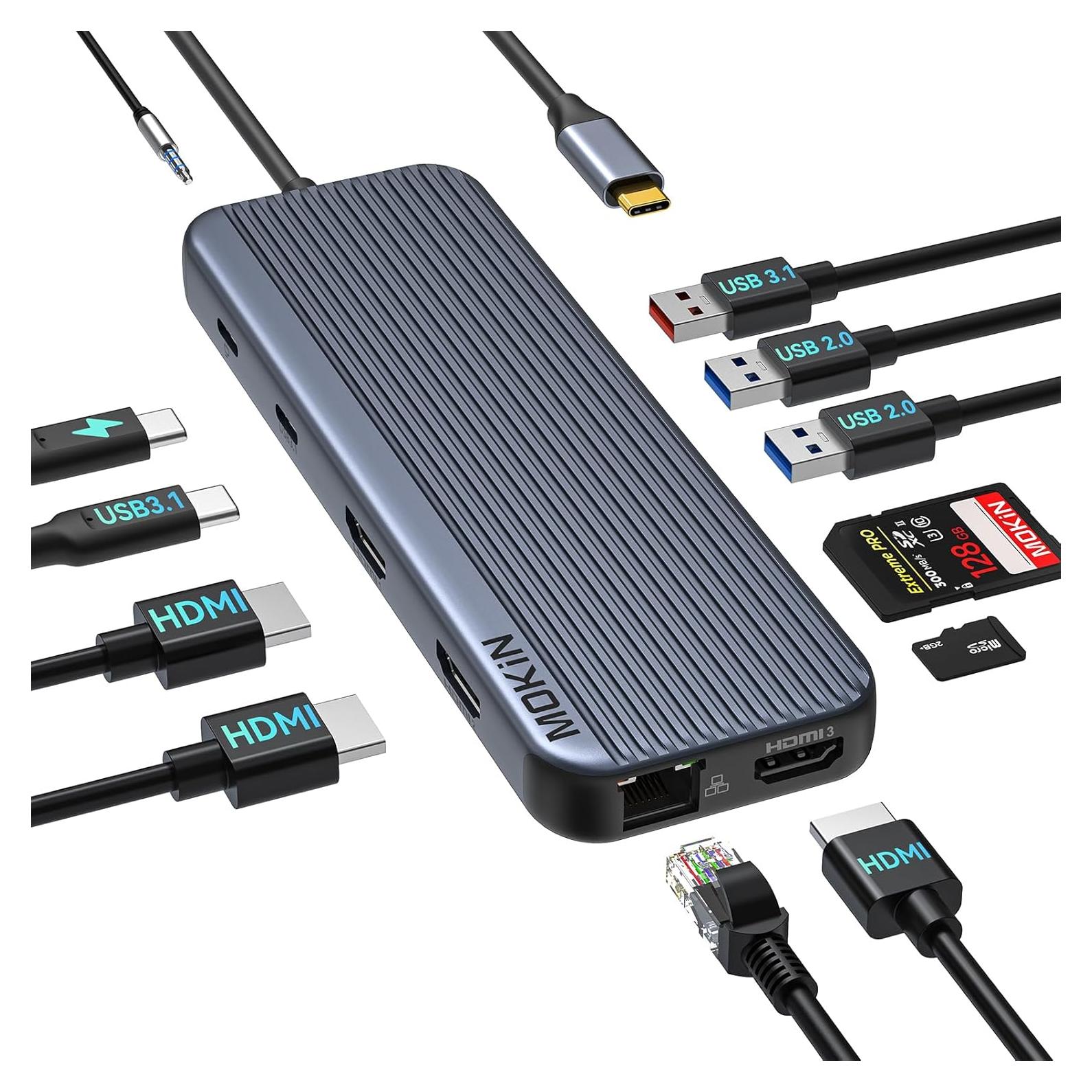Estación de Acoplamiento MOKiN 12 en 1 USB-C 3 HDMI 4K