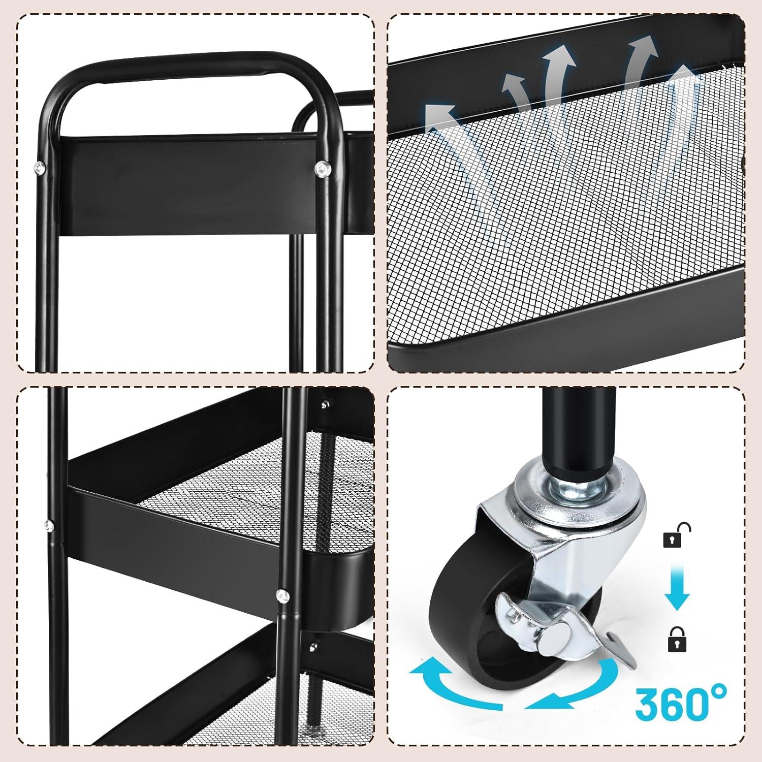 Carro de Almacenamiento Multifuncional Palantimos 3 Niveles Negro