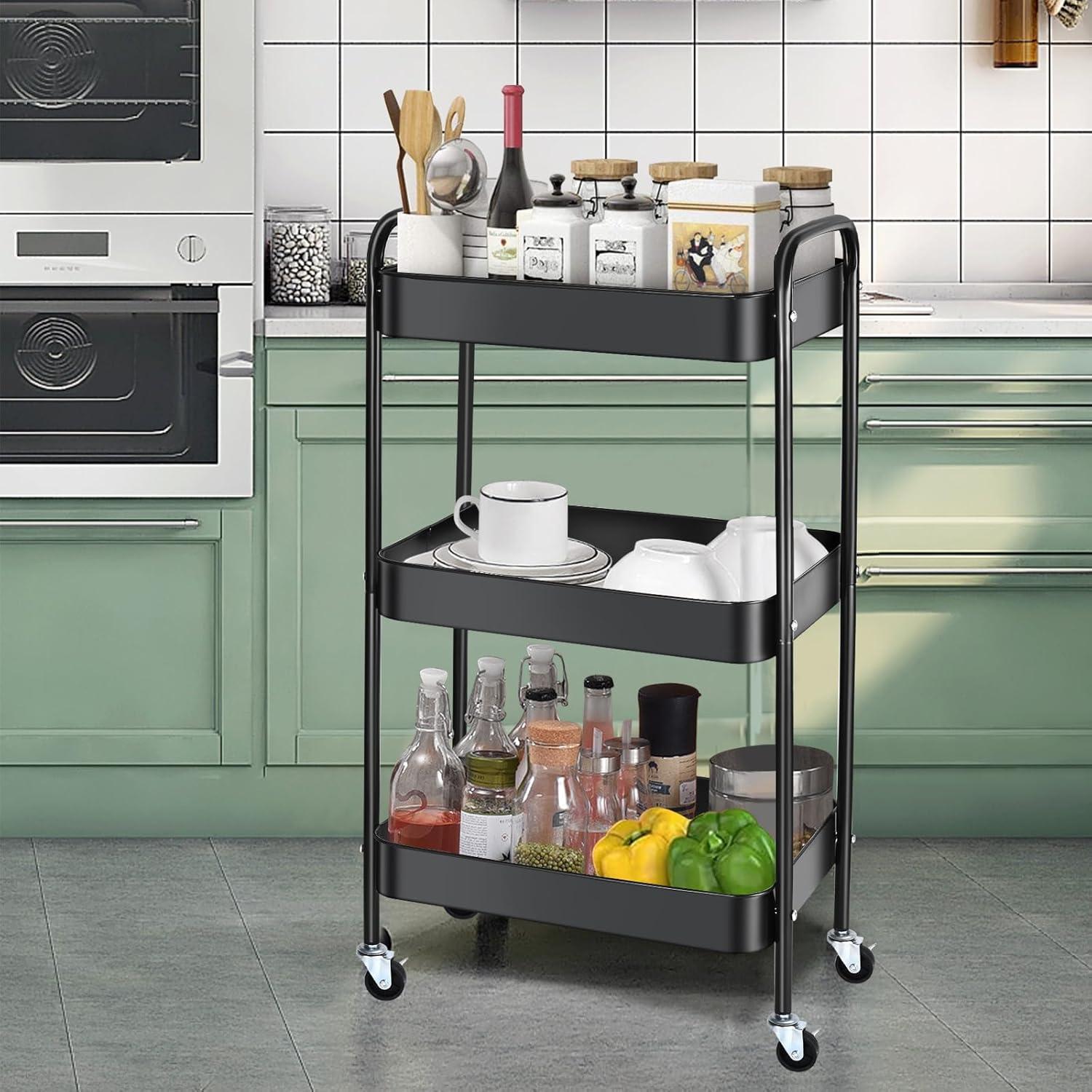 Carro de Almacenamiento Multifuncional Palantimos 3 Niveles Negro