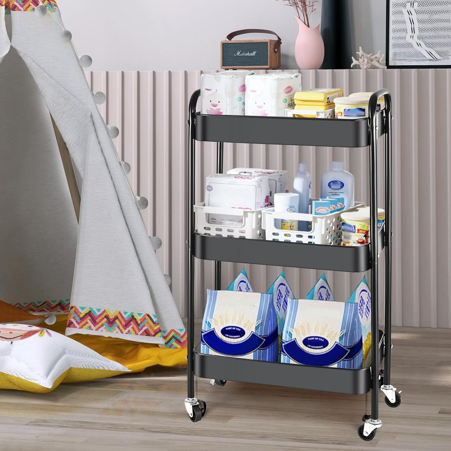 Carro de Almacenamiento Multifuncional Palantimos 3 Niveles Negro