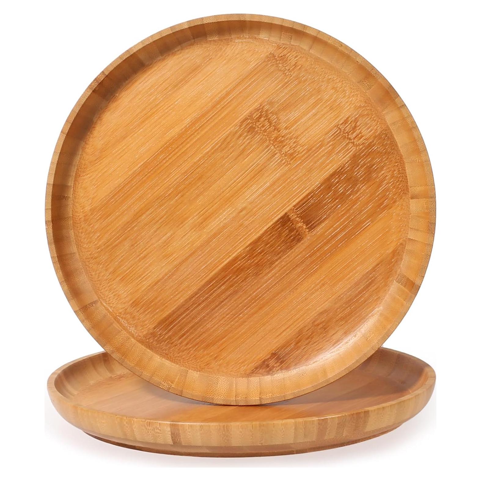 Bamboo Wooden Dinner Plates Set of 2, 10 inch Decorative Serving Tray for Coffee Table and Home Decor, Round Serving Platters and Trays for Pasta/Fruit/Charcuterie, Reusable Charger Plates