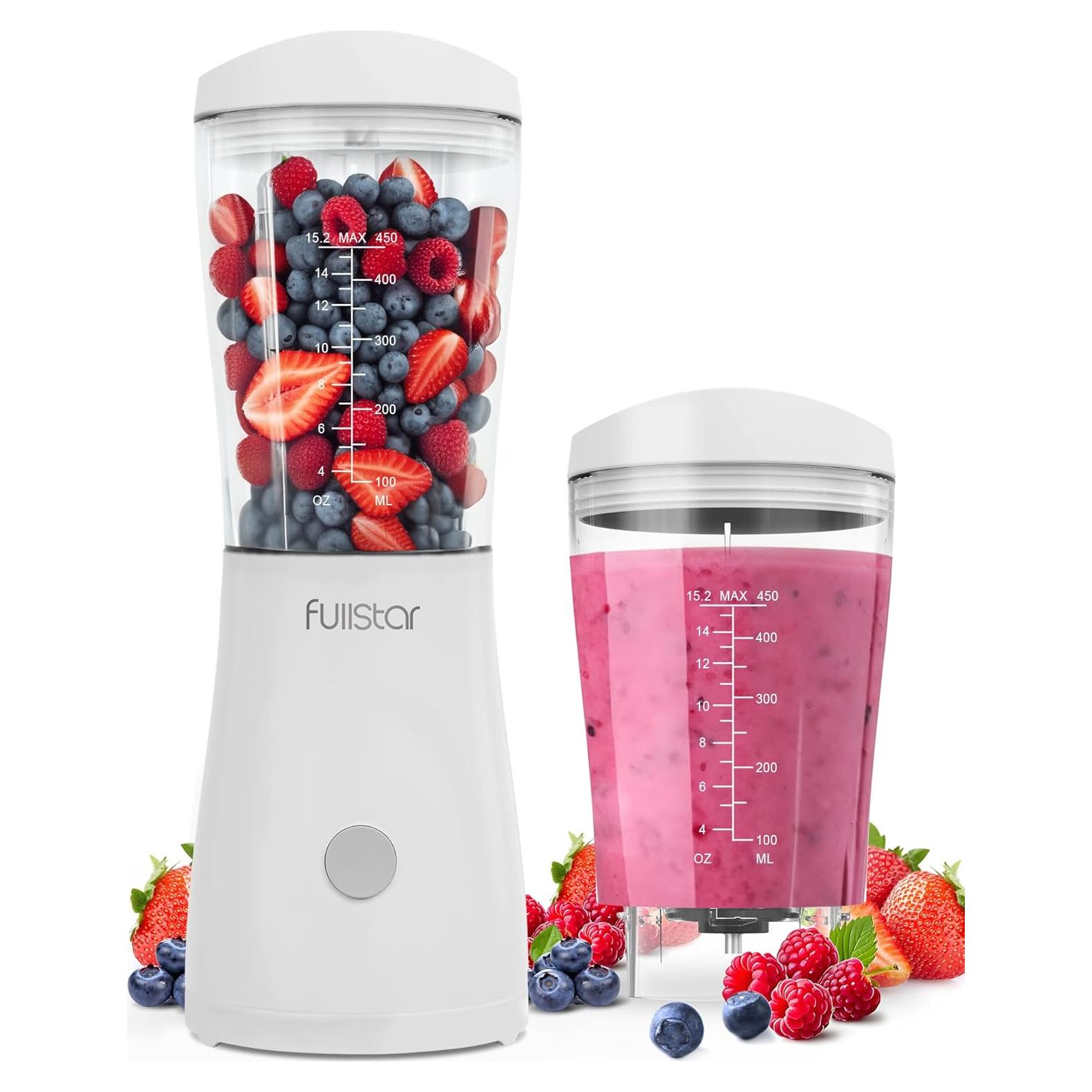 Fullstar Portable Blender for Smoothies and Shakes – 15 oz Mini Personal Travel Blender with Sipper Lid, Compact Smoothie Maker for Office, Home, and Kitchen (White)