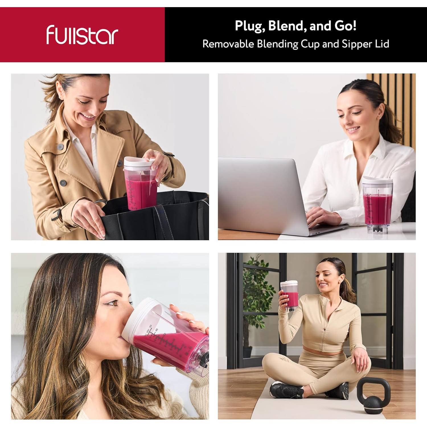 Fullstar Portable Blender for Smoothies and Shakes – 15 oz Mini Personal Travel Blender with Sipper Lid, Compact Smoothie Maker for Office, Home, and Kitchen (White)