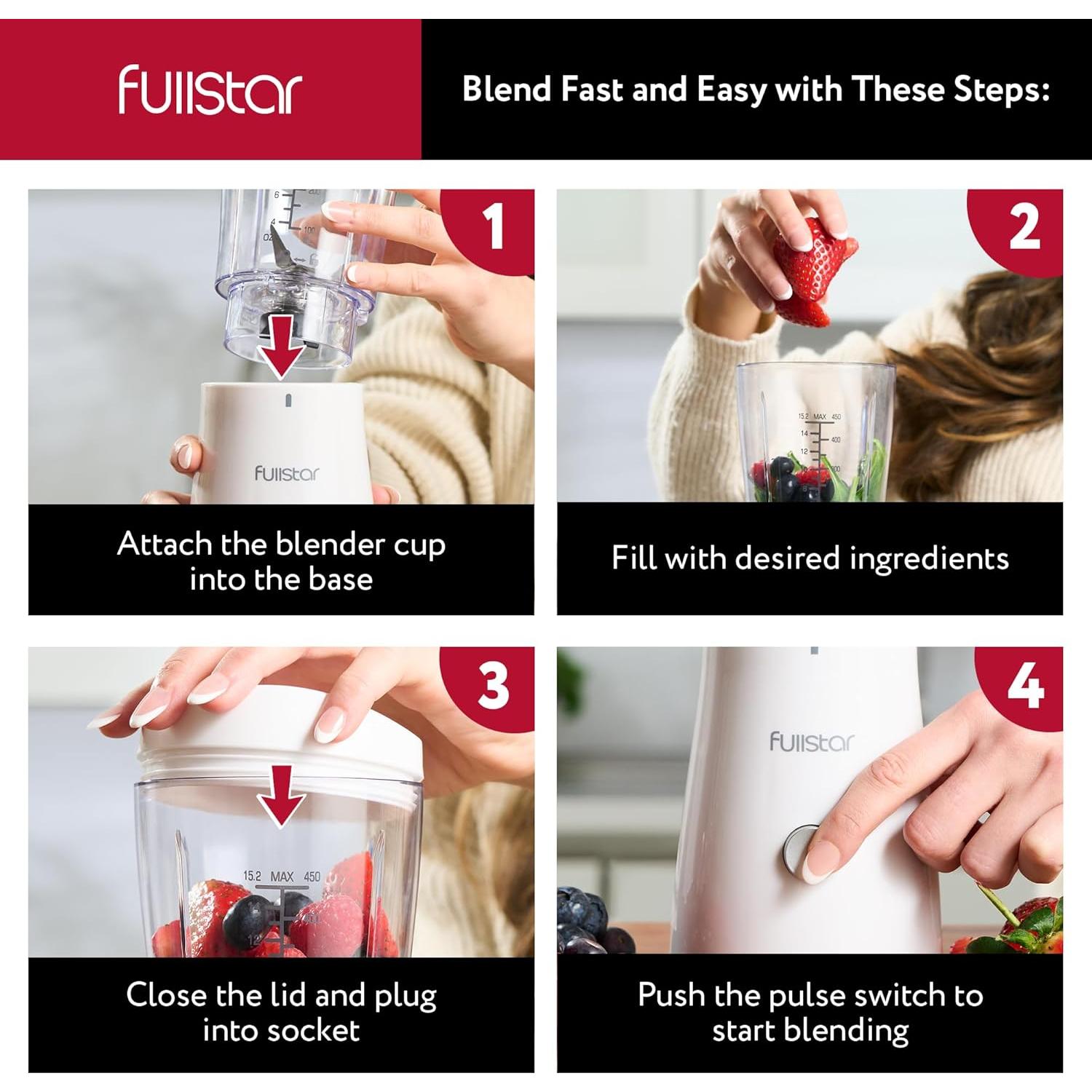 Fullstar Portable Blender for Smoothies and Shakes – 15 oz Mini Personal Travel Blender with Sipper Lid, Compact Smoothie Maker for Office, Home, and Kitchen (White)