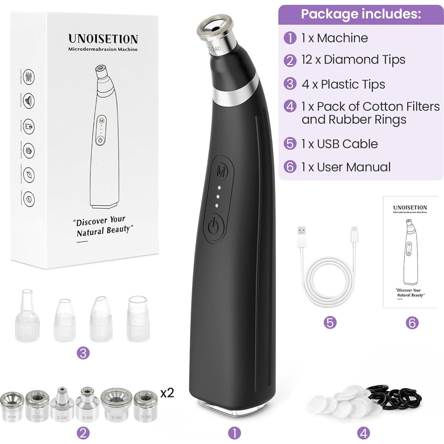 Máquina de Microdermoabrasión UNOISETION Negra con 12 Puntas