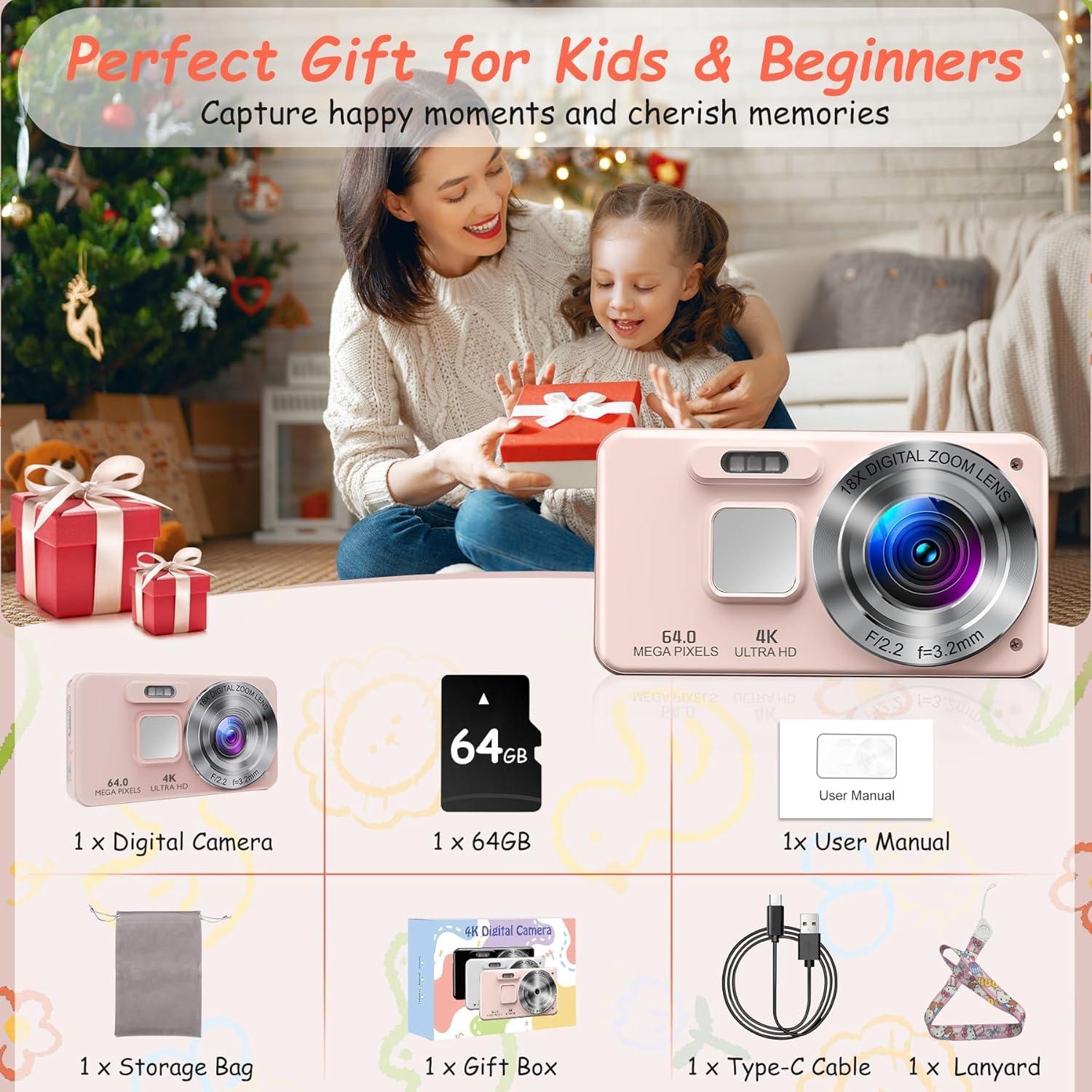 Cámara Digital para Niños GIEDYU KC585-PK 64MP 4K Rosa