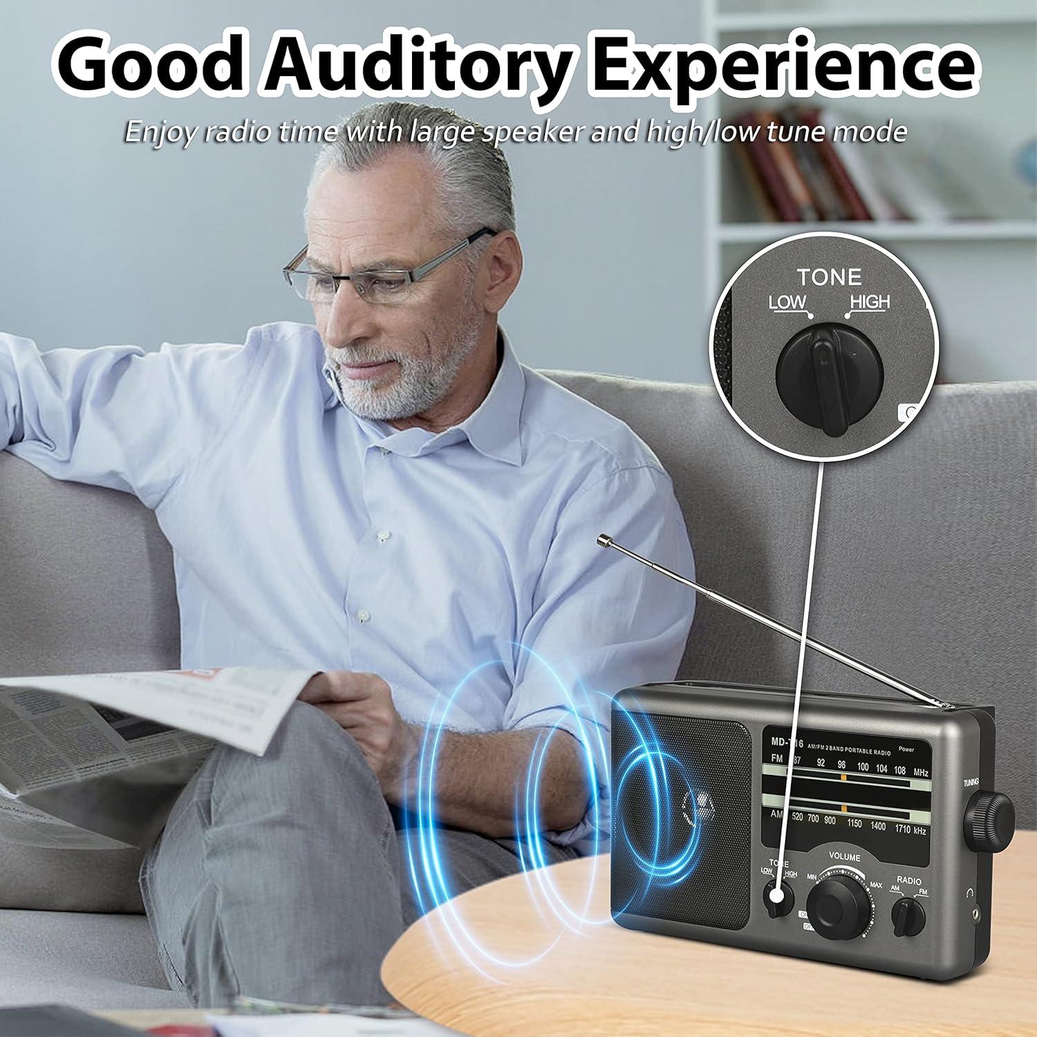 Greadio AM FM Portable Radio Transistor Radio with 3.5mm Earphone Jack, Hight/Low Tone Mode, Big Speaker, AC Power or Battery Operated by 4 D Cell Batteries for Home and Outdoor