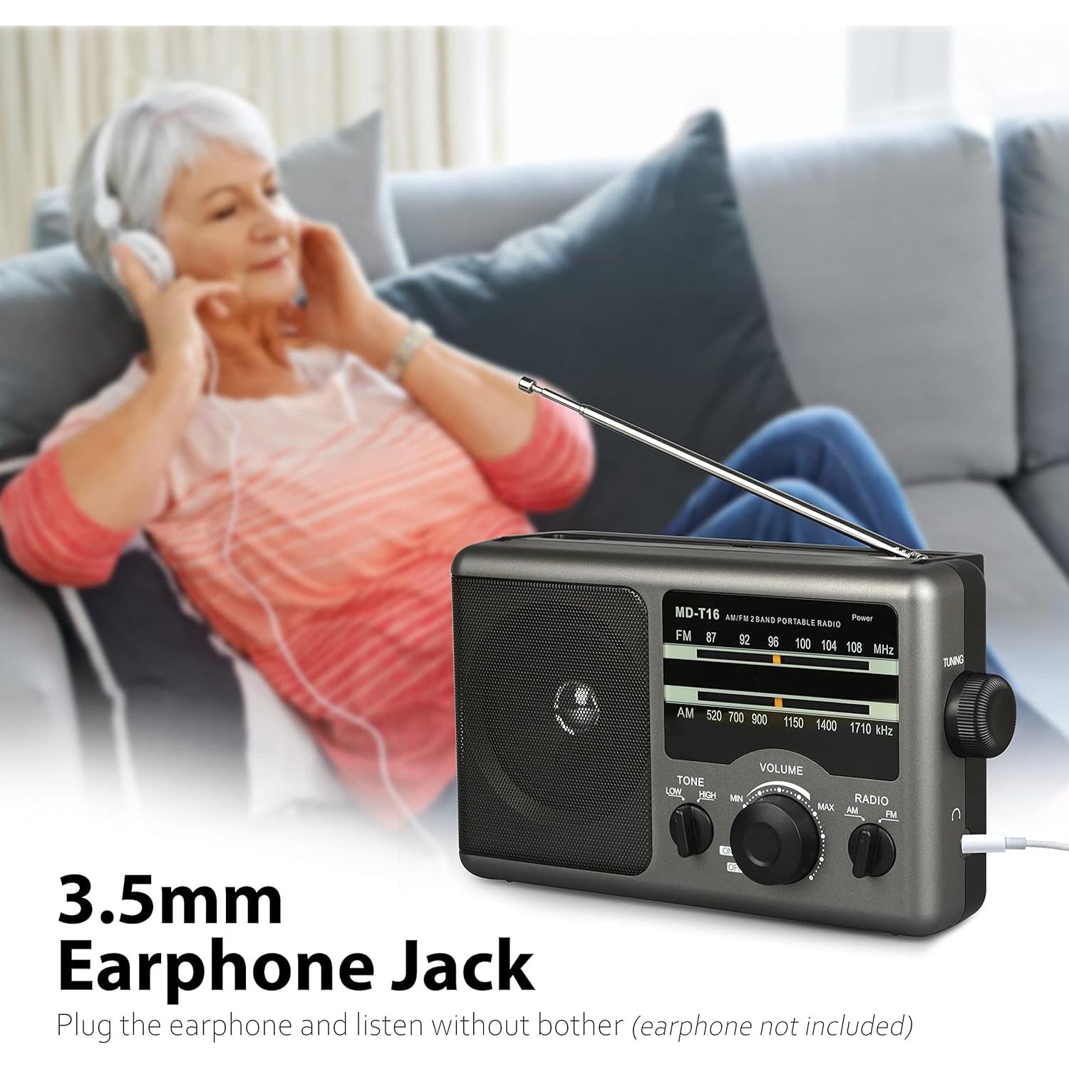 Greadio AM FM Portable Radio Transistor Radio with 3.5mm Earphone Jack, Hight/Low Tone Mode, Big Speaker, AC Power or Battery Operated by 4 D Cell Batteries for Home and Outdoor