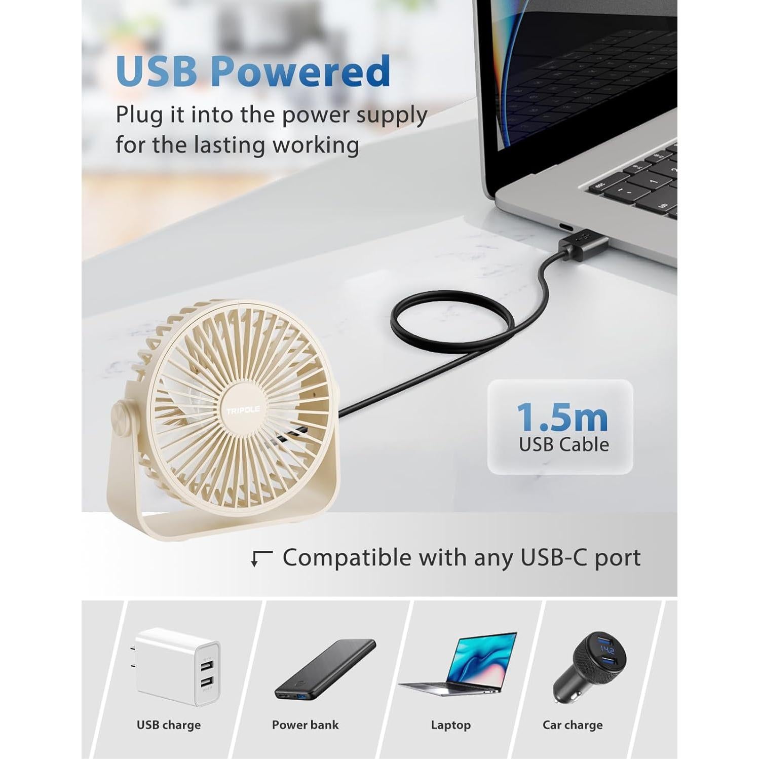 Ventilador de Escritorio USB TriPole KW36 3 Velocidades Beige