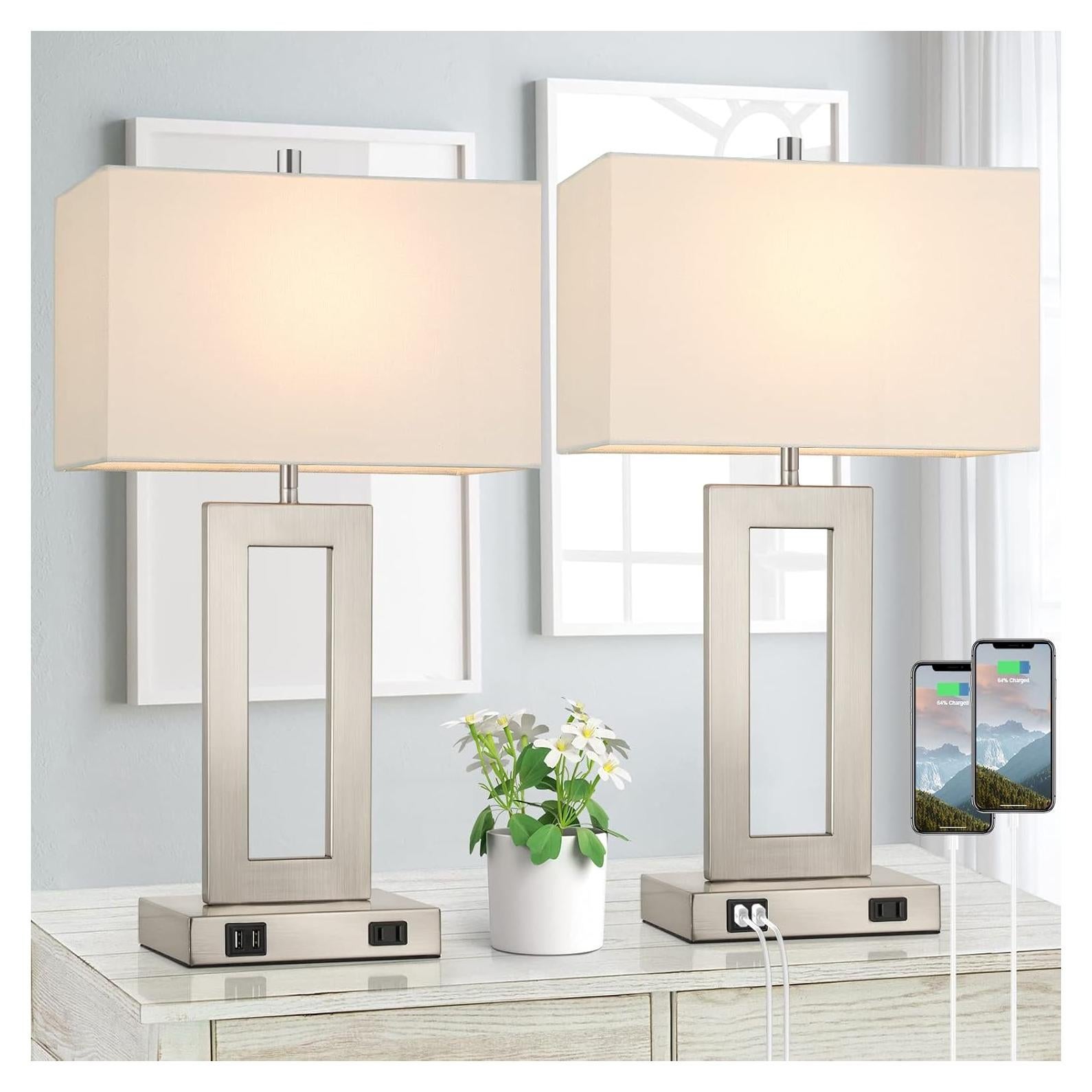 22'' Tall Table Lamps for Bedroom Set of 2, Silver Bedside Touch Control Lamp with 2 USB Ports&AC Outlet, Modern Living Room Table Lamp for Nightstand End Table, 3-Way Dimming with 2 E26 Edison Bulbs