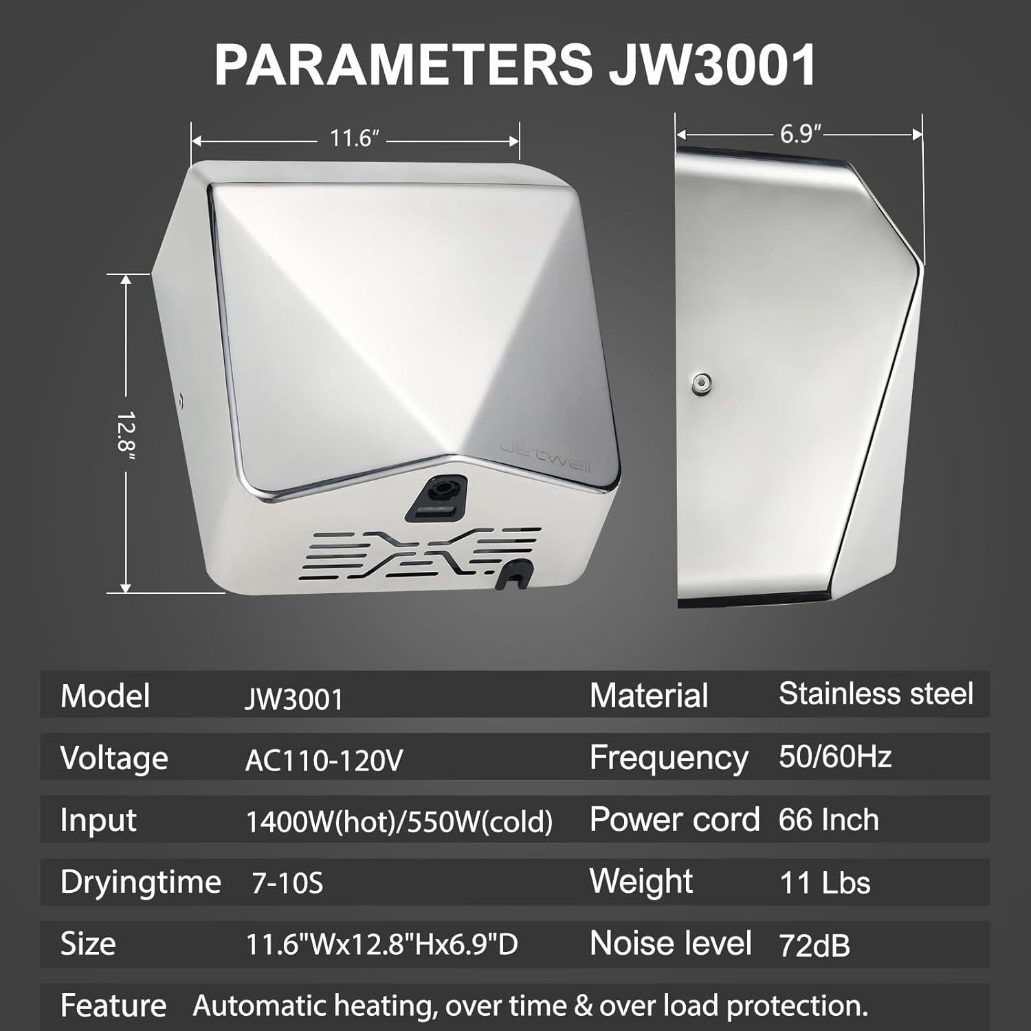 Secador de Manos JETWELL JW3001 Acero Inoxidable Automático