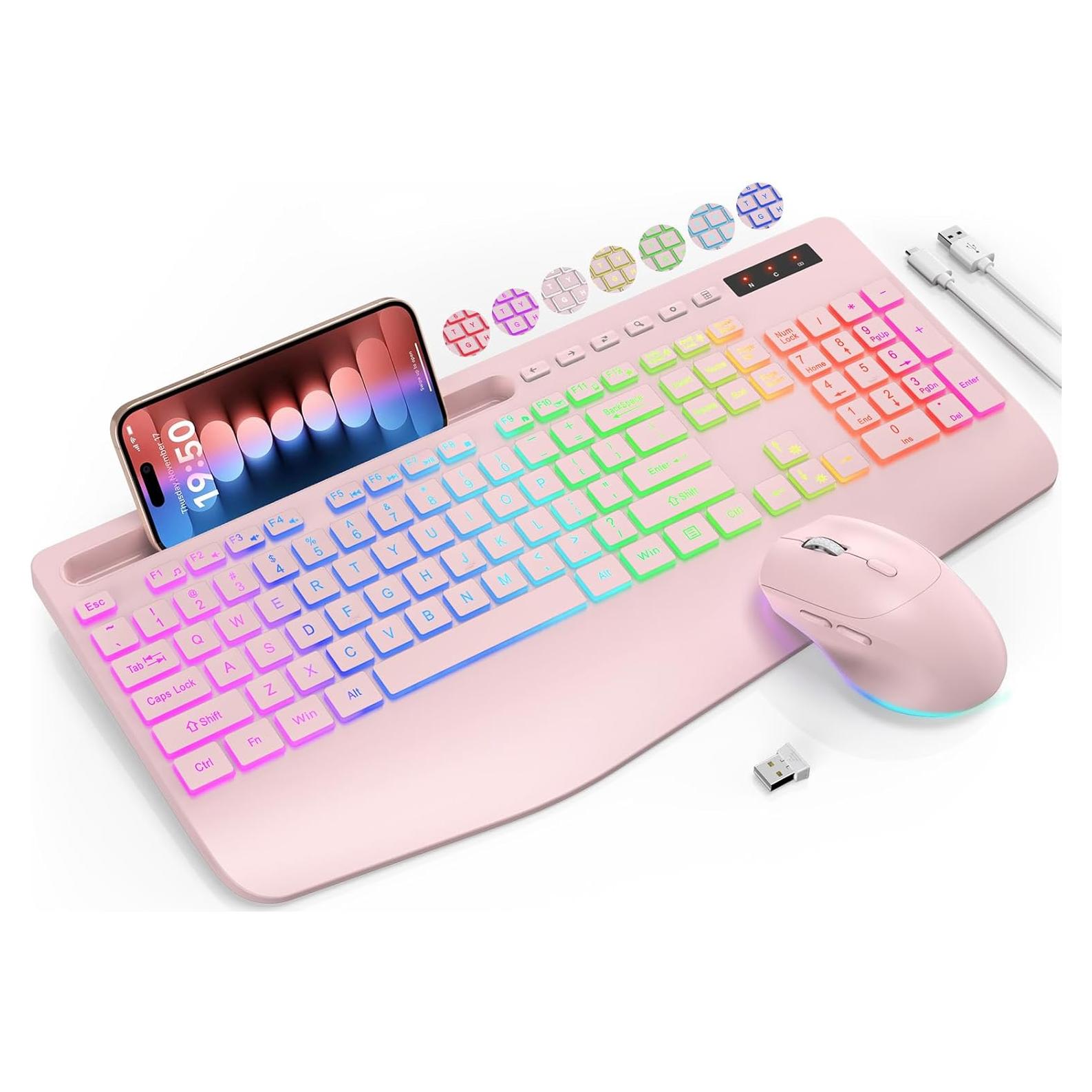 Combo Teclado y Ratón Inalámbrico SABLUTE KL3 PRO RGB Rosa