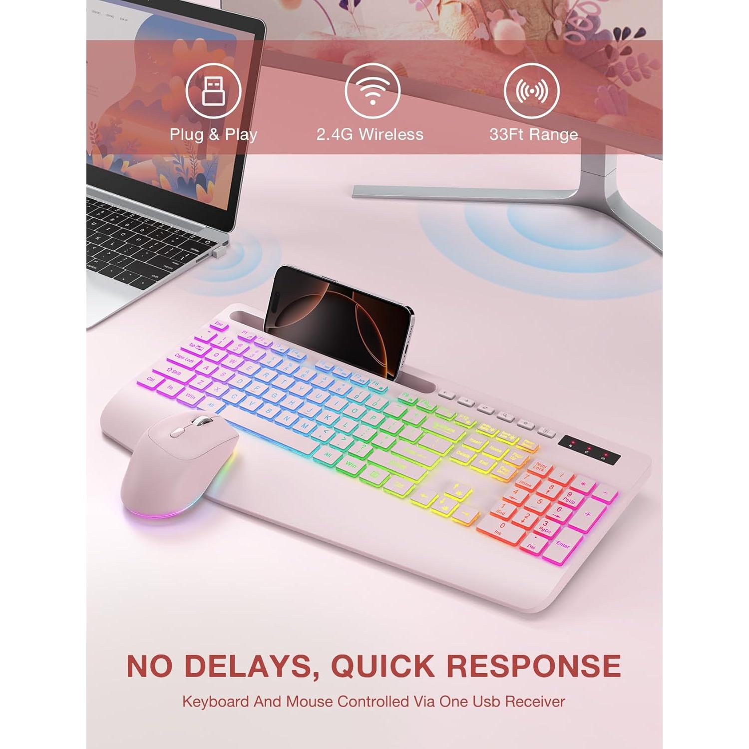 Combo Teclado y Ratón Inalámbrico SABLUTE KL3 PRO RGB Rosa