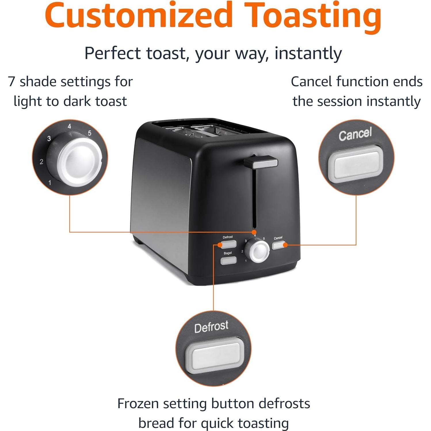 Tostadora 2 Rebanadas Amazon Basics 800W Negro y Plata