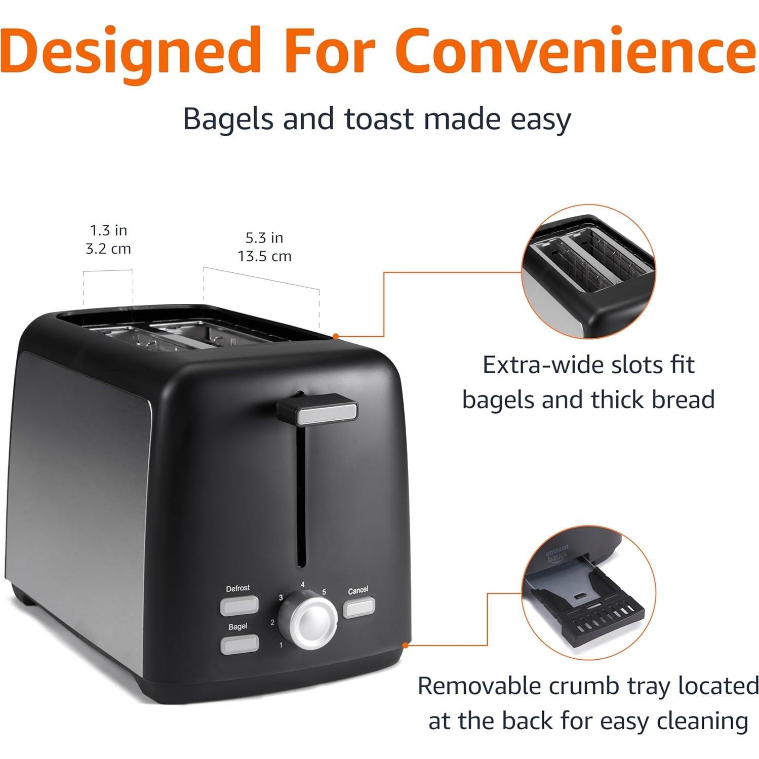 Tostadora 2 Rebanadas Amazon Basics 800W Negro y Plata