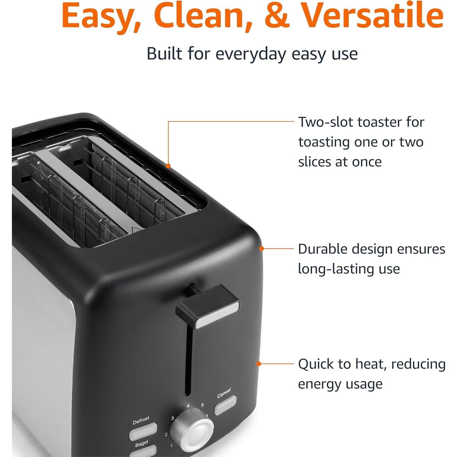 Tostadora 2 Rebanadas Amazon Basics 800W Negro y Plata