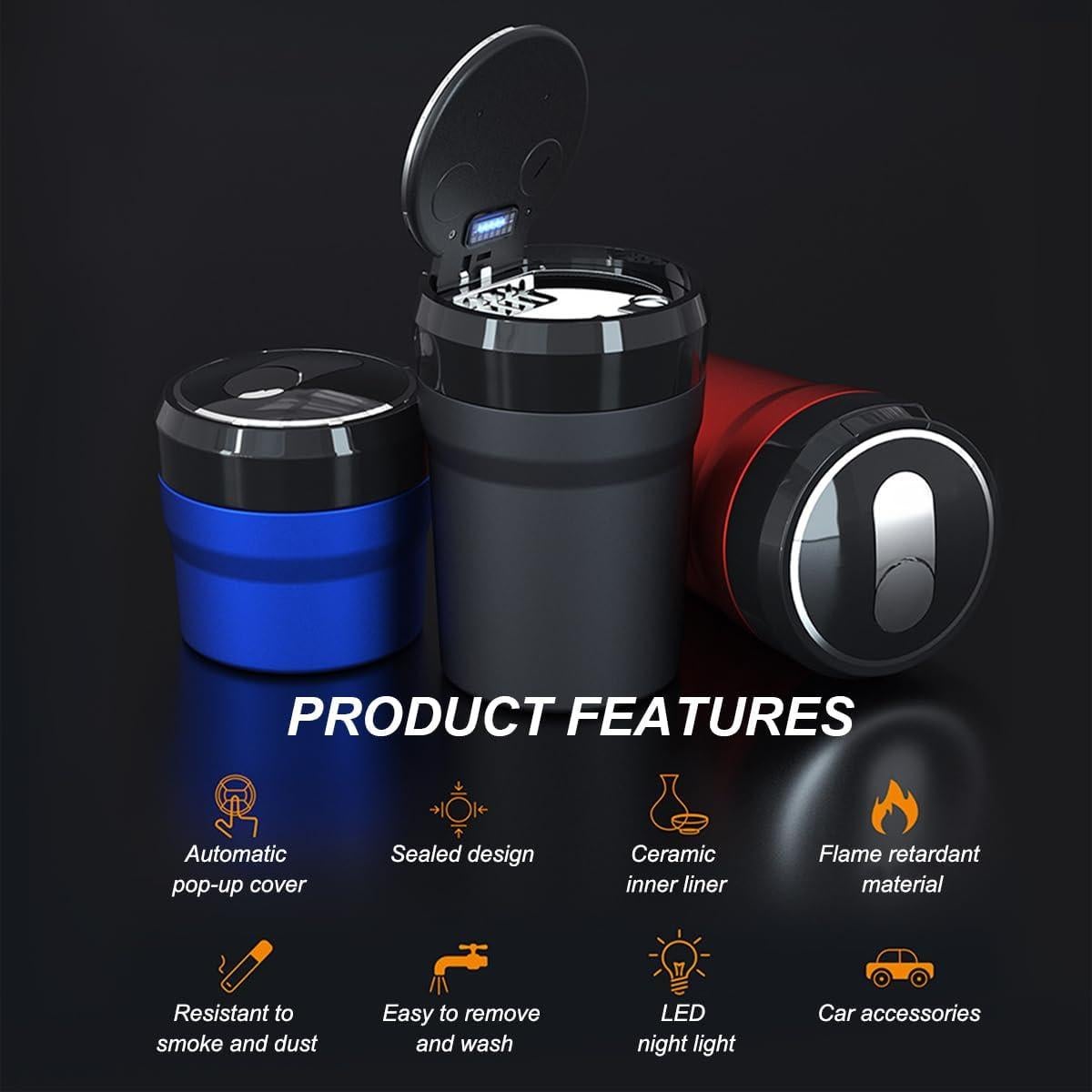 Cenicero de coche DXNQ con tapa y luz LED azul, pequeño