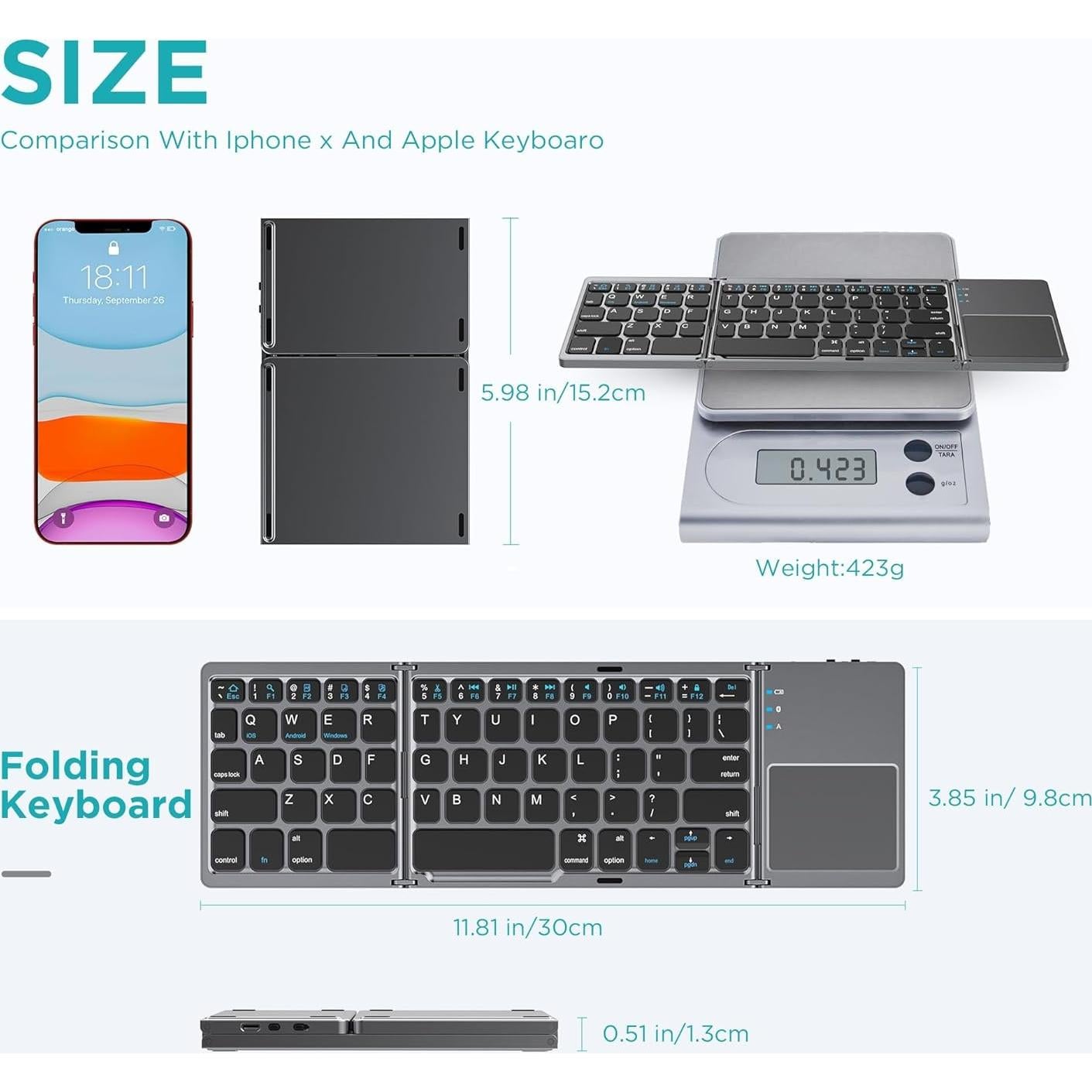 Teclado Plegable Bluetooth JPHTEK con Touchpad - Gris