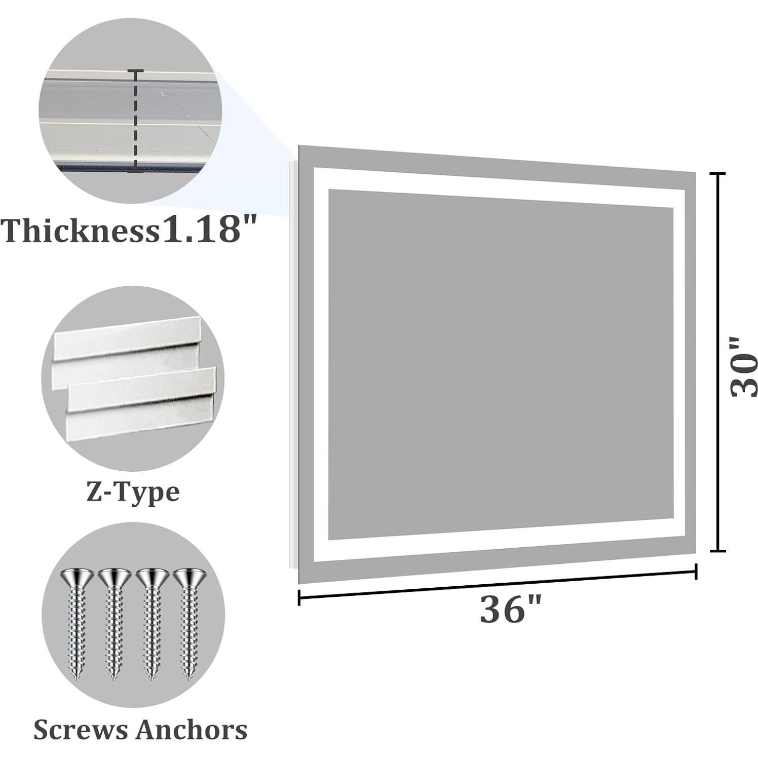 Espejo de Baño LED Koonmi 91.44x76.2cm Retroiluminado 3 Colores