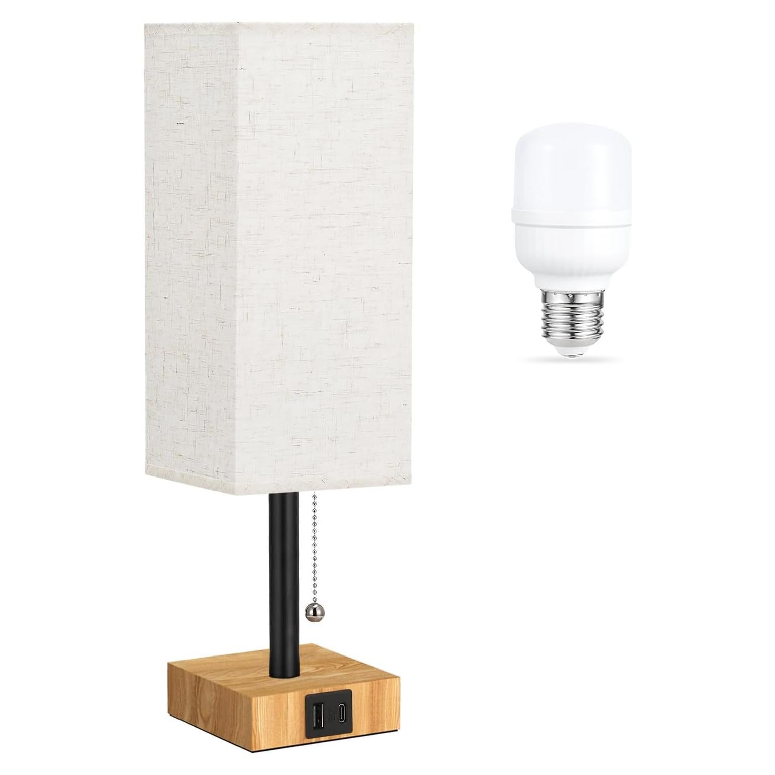 aooshine Beige Small Table Lamp for Bedroom - 3 Color Temperature 3000K 5000K 4000K Bedside Lamp, Pull Chain Control, USB A and C Ports, Wood-Grain Base, Bulb Included