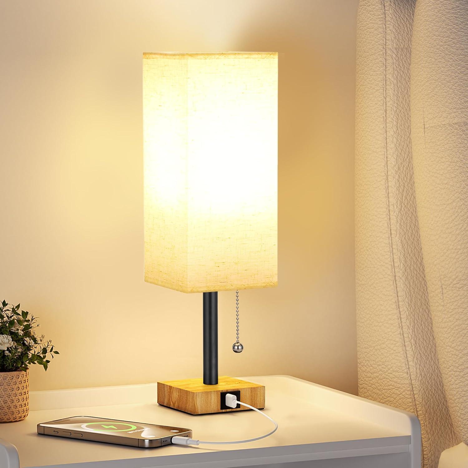 aooshine Beige Small Table Lamp for Bedroom - 3 Color Temperature 3000K 5000K 4000K Bedside Lamp, Pull Chain Control, USB A and C Ports, Wood-Grain Base, Bulb Included