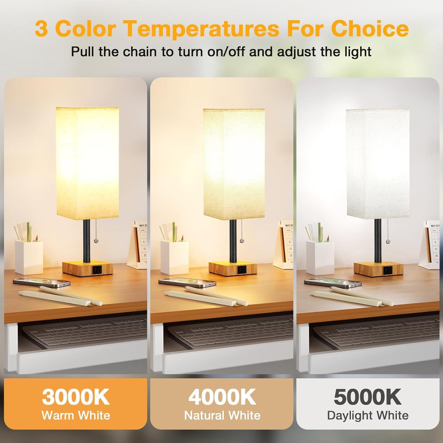 aooshine Beige Small Table Lamp for Bedroom - 3 Color Temperature 3000K 5000K 4000K Bedside Lamp, Pull Chain Control, USB A and C Ports, Wood-Grain Base, Bulb Included