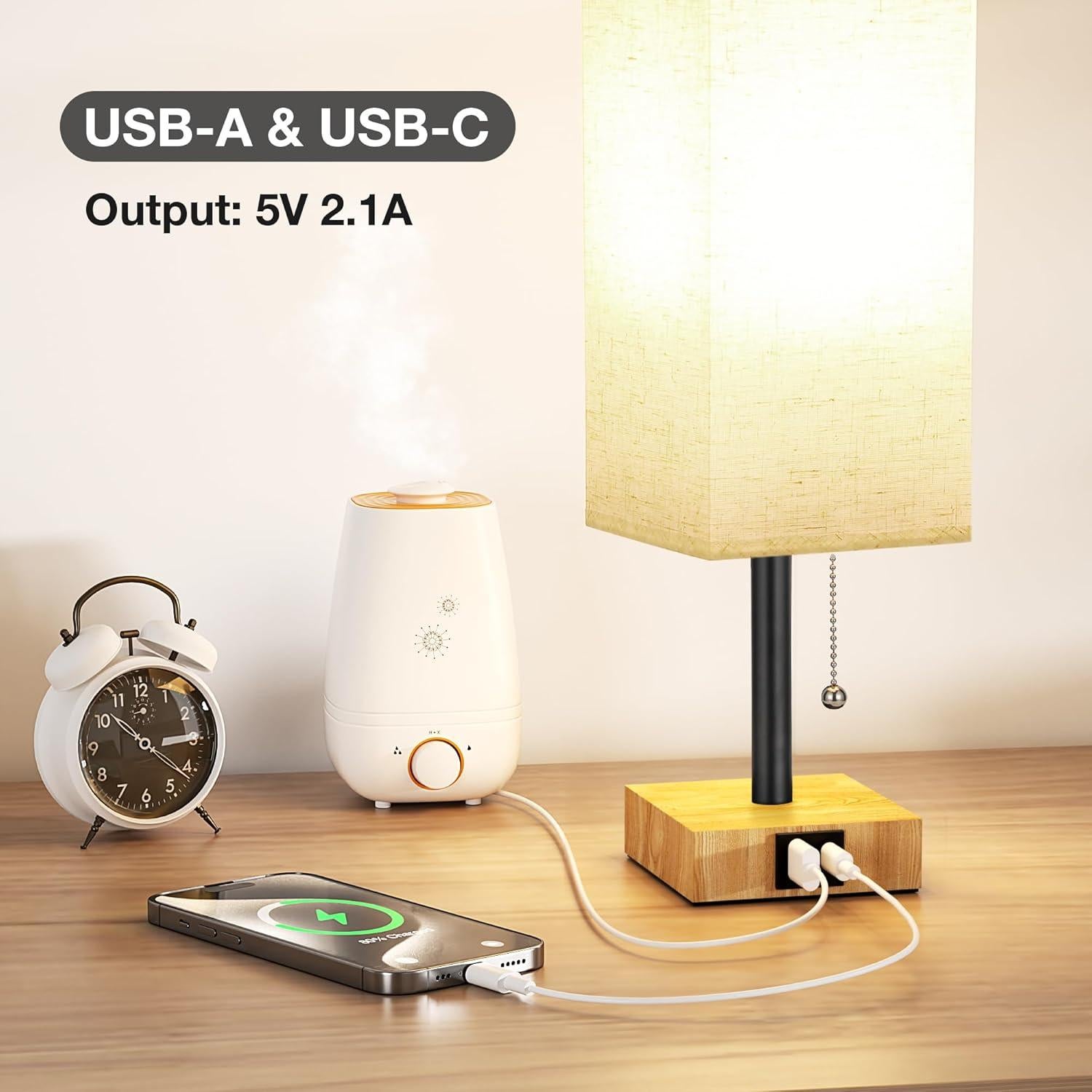 aooshine Beige Small Table Lamp for Bedroom - 3 Color Temperature 3000K 5000K 4000K Bedside Lamp, Pull Chain Control, USB A and C Ports, Wood-Grain Base, Bulb Included
