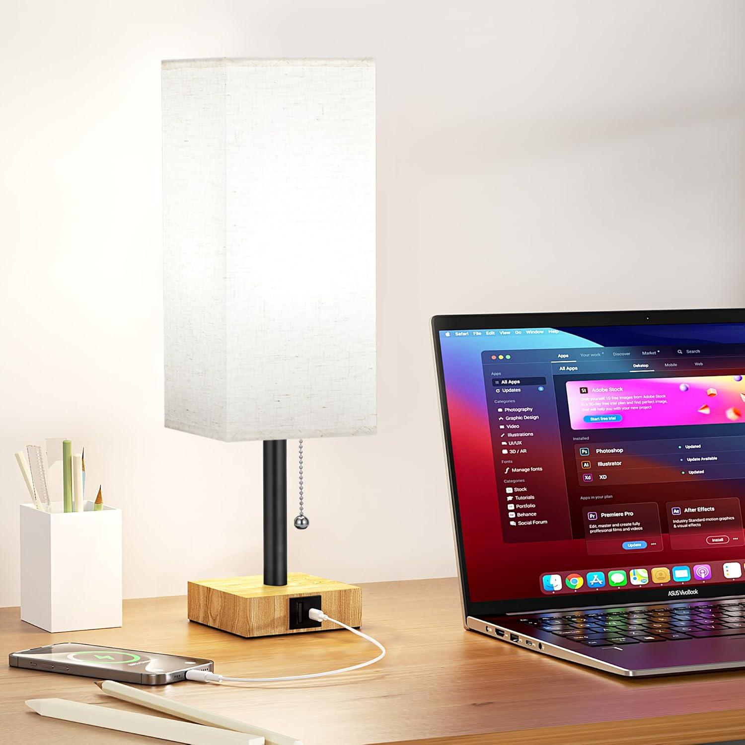 aooshine Beige Small Table Lamp for Bedroom - 3 Color Temperature 3000K 5000K 4000K Bedside Lamp, Pull Chain Control, USB A and C Ports, Wood-Grain Base, Bulb Included