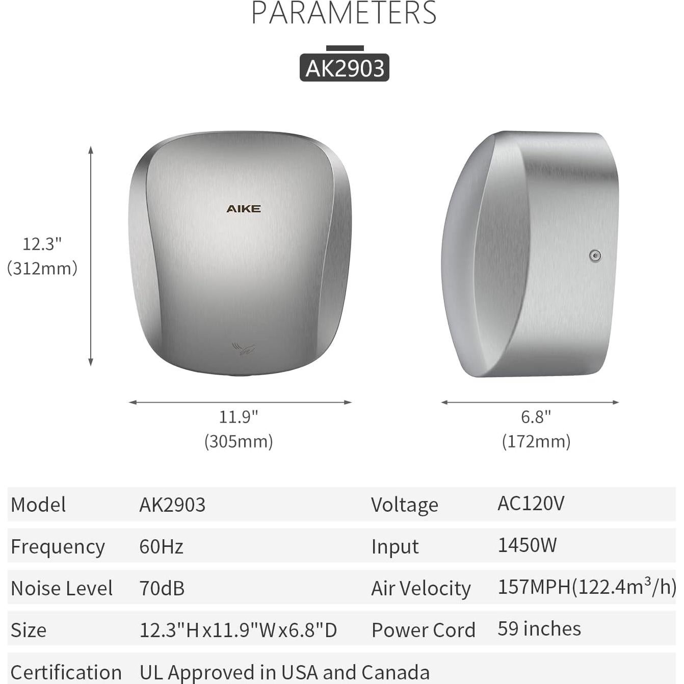 Secador de Manos AIKE AK2903 Acero Inoxidable 1400W HEPA