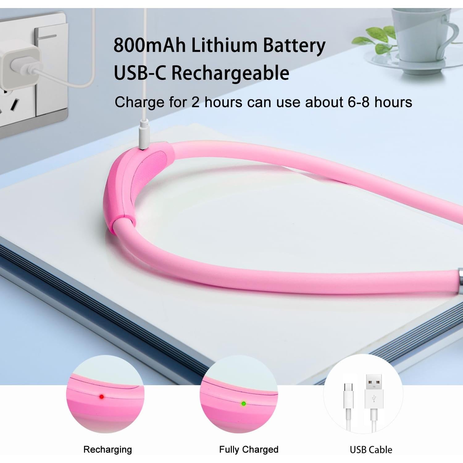 Luz de libro LED recargable Tsingree QRNBL, 3 brillos, rosa