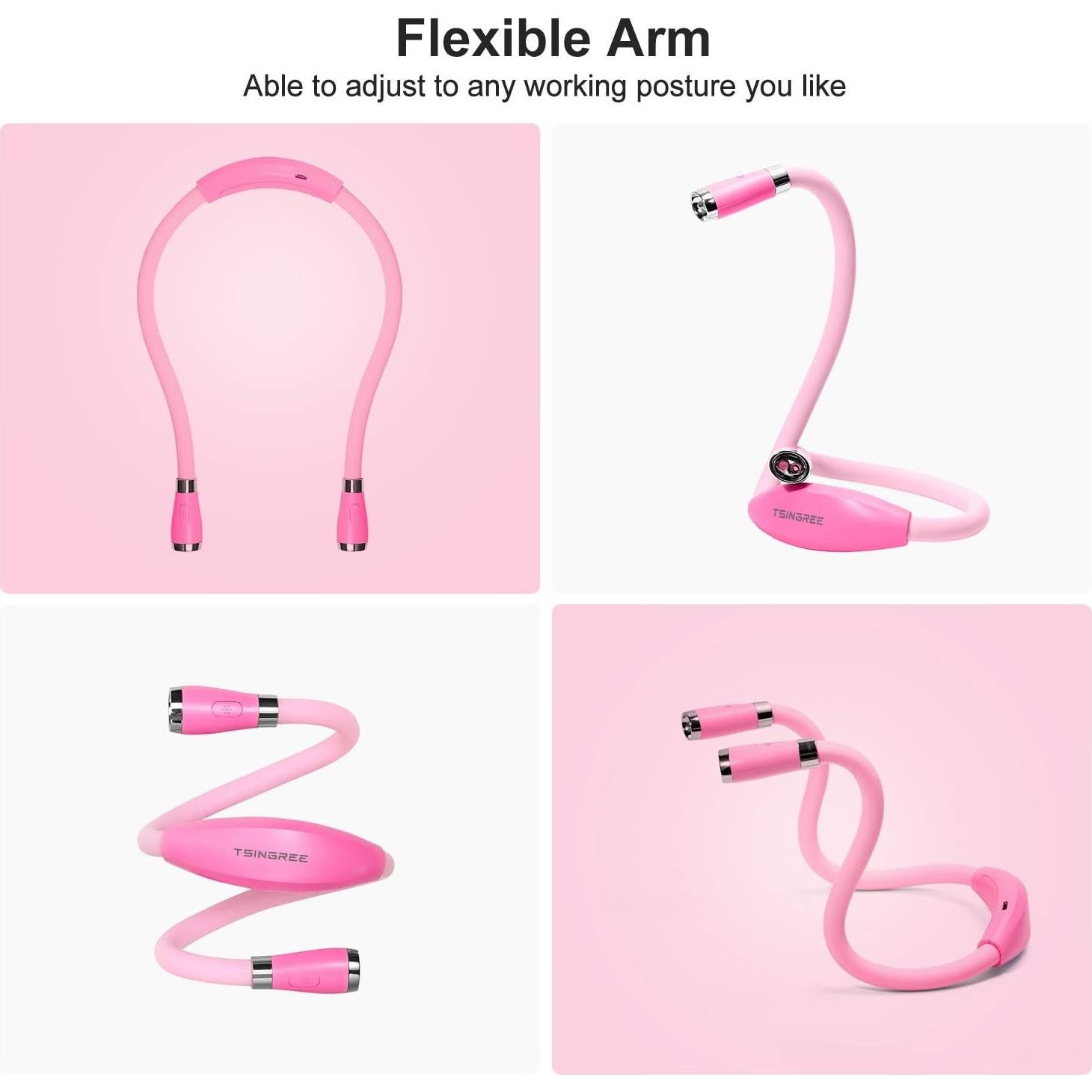 Luz de libro LED recargable Tsingree QRNBL, 3 brillos, rosa