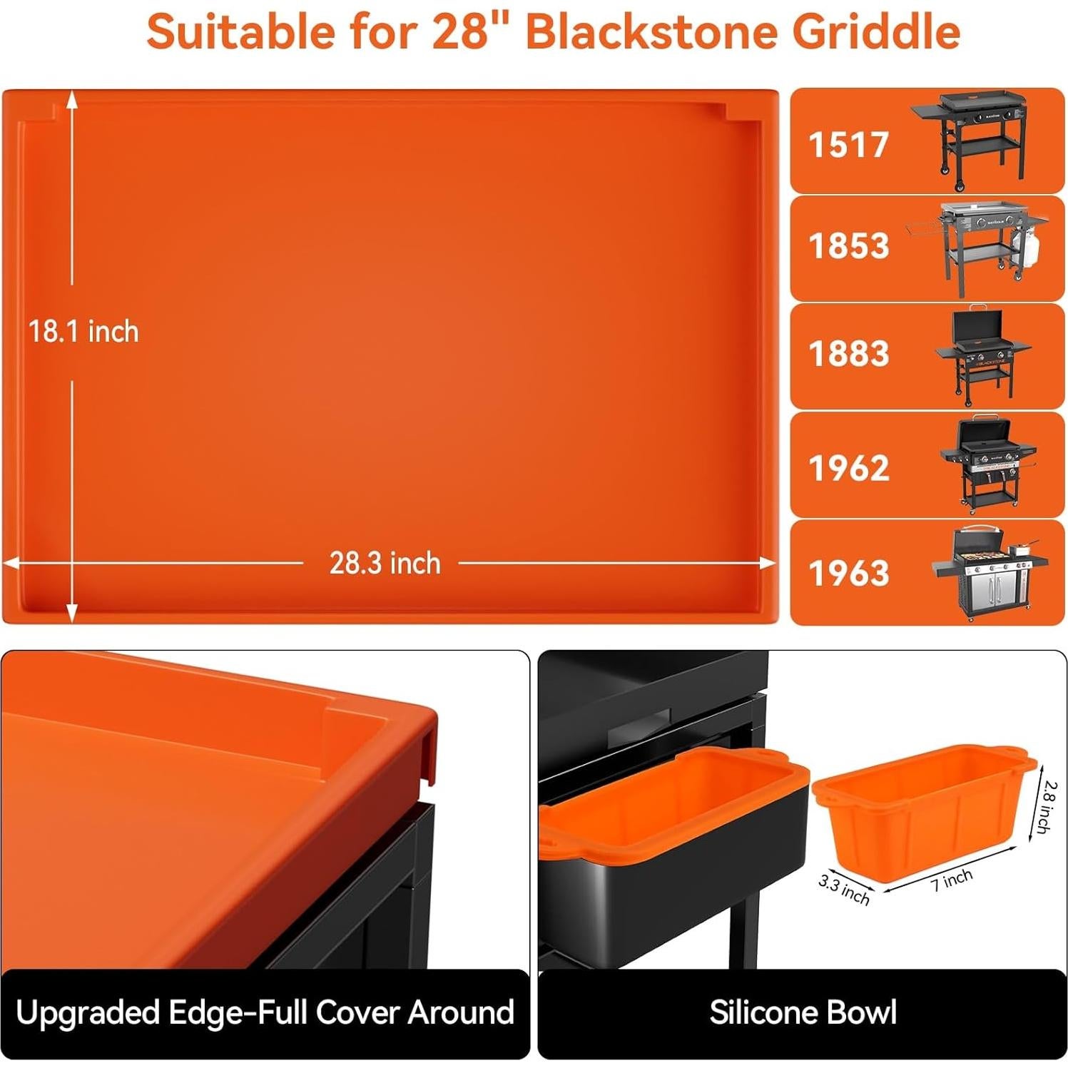 Griddle Mat for Blackstone 28 Inch - Upgraded Edge-Full Cover Silicone Around Grill Mat and Grease Cup, Suitable for Grill 28" Blackstone 1517 1853 1883 1962 1963