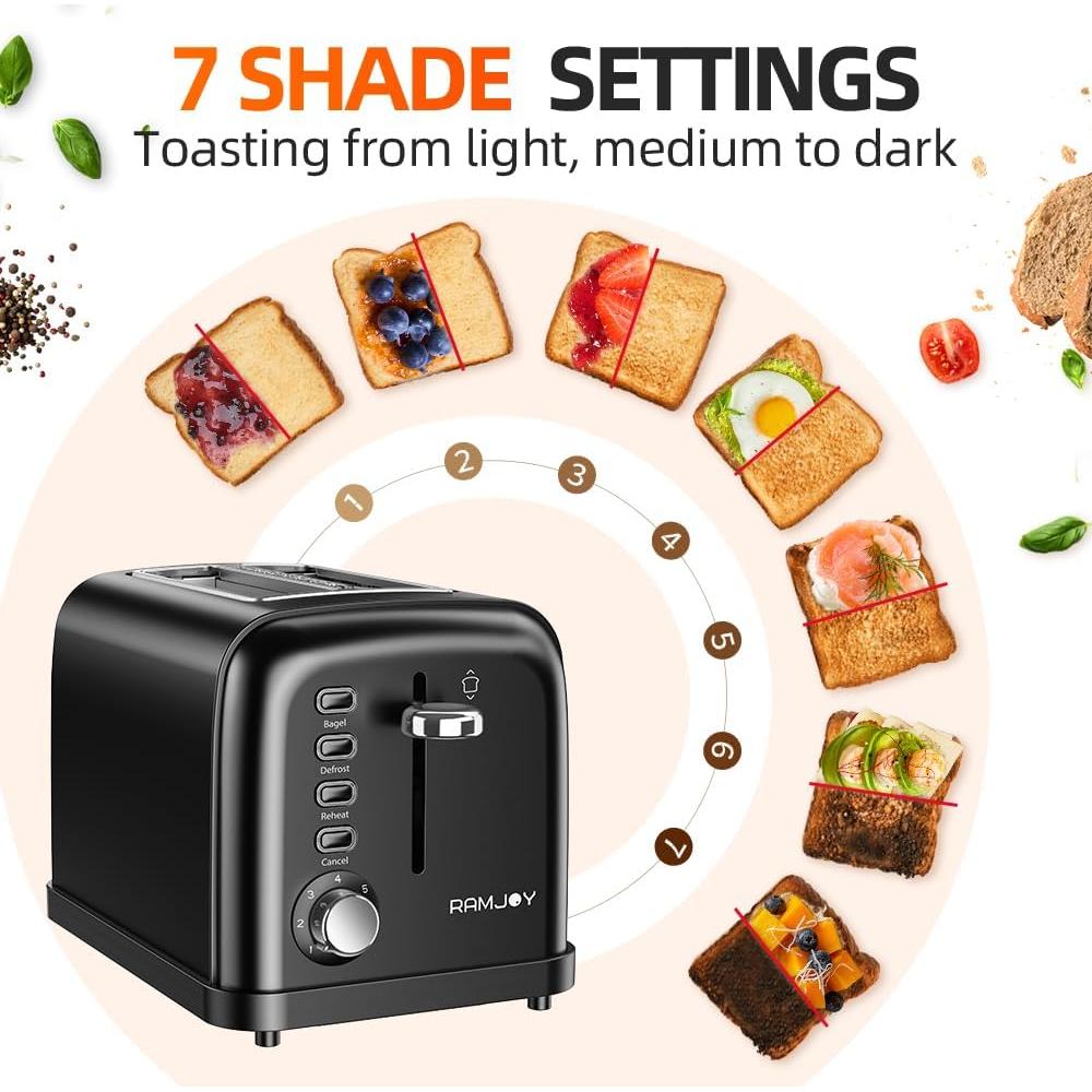 Tostadora 2 Rebanadas RAMJOY Negra Acero Inoxidable 900W