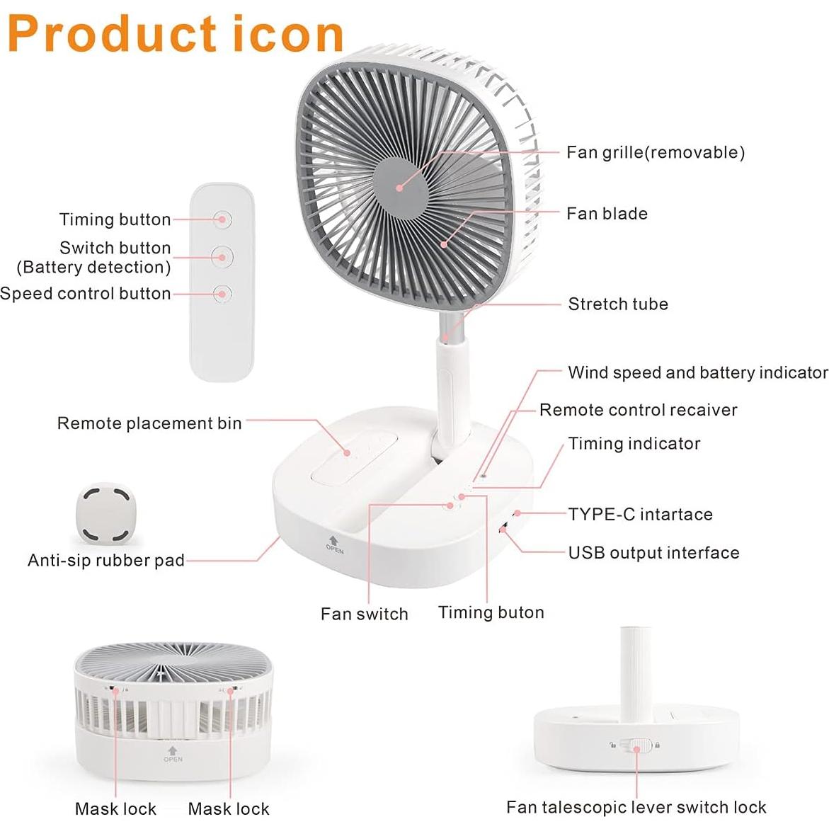 Ventilador de Pedestal Portátil Magesh Gris 4 Velocidades 7200mAh