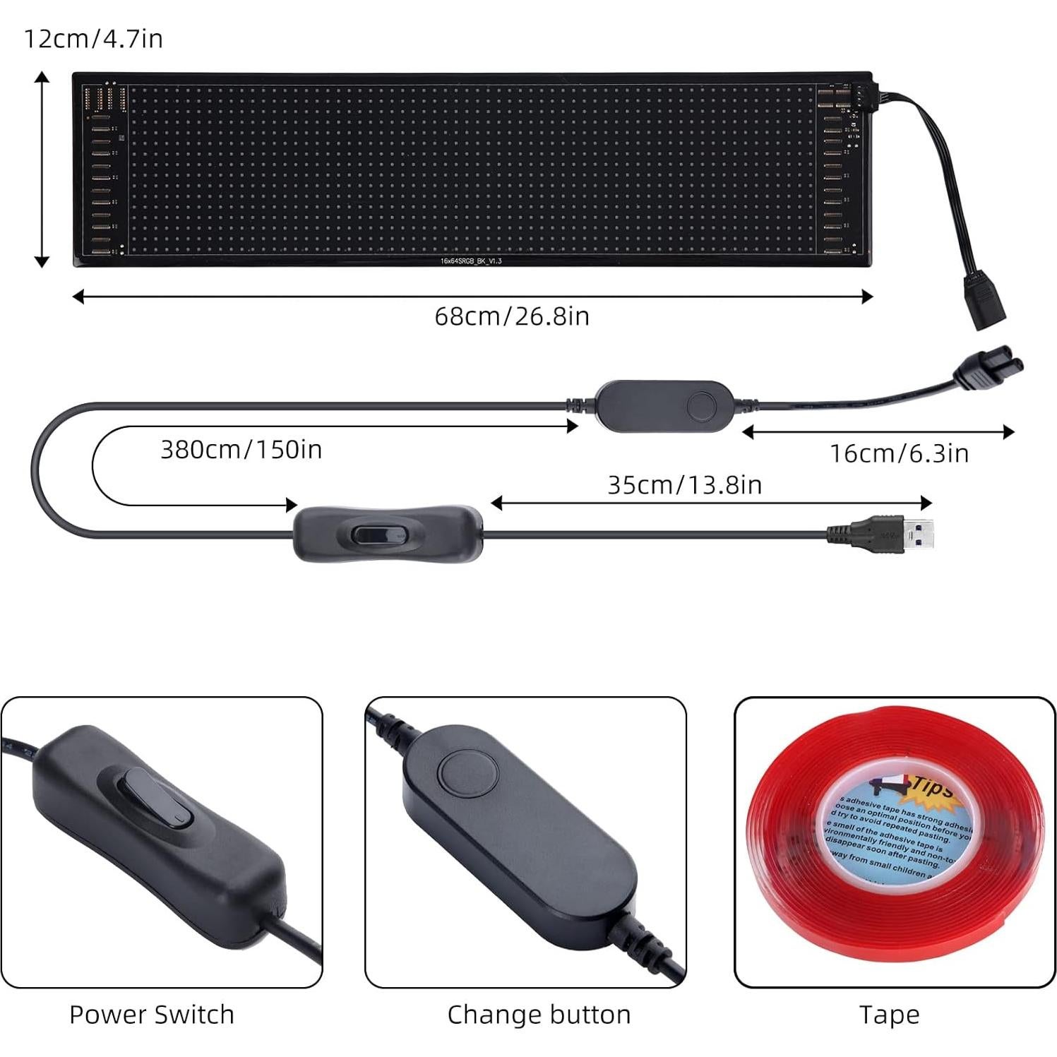 Cartel LED Programable RUPSE 68.58x12.7cm RGB USB