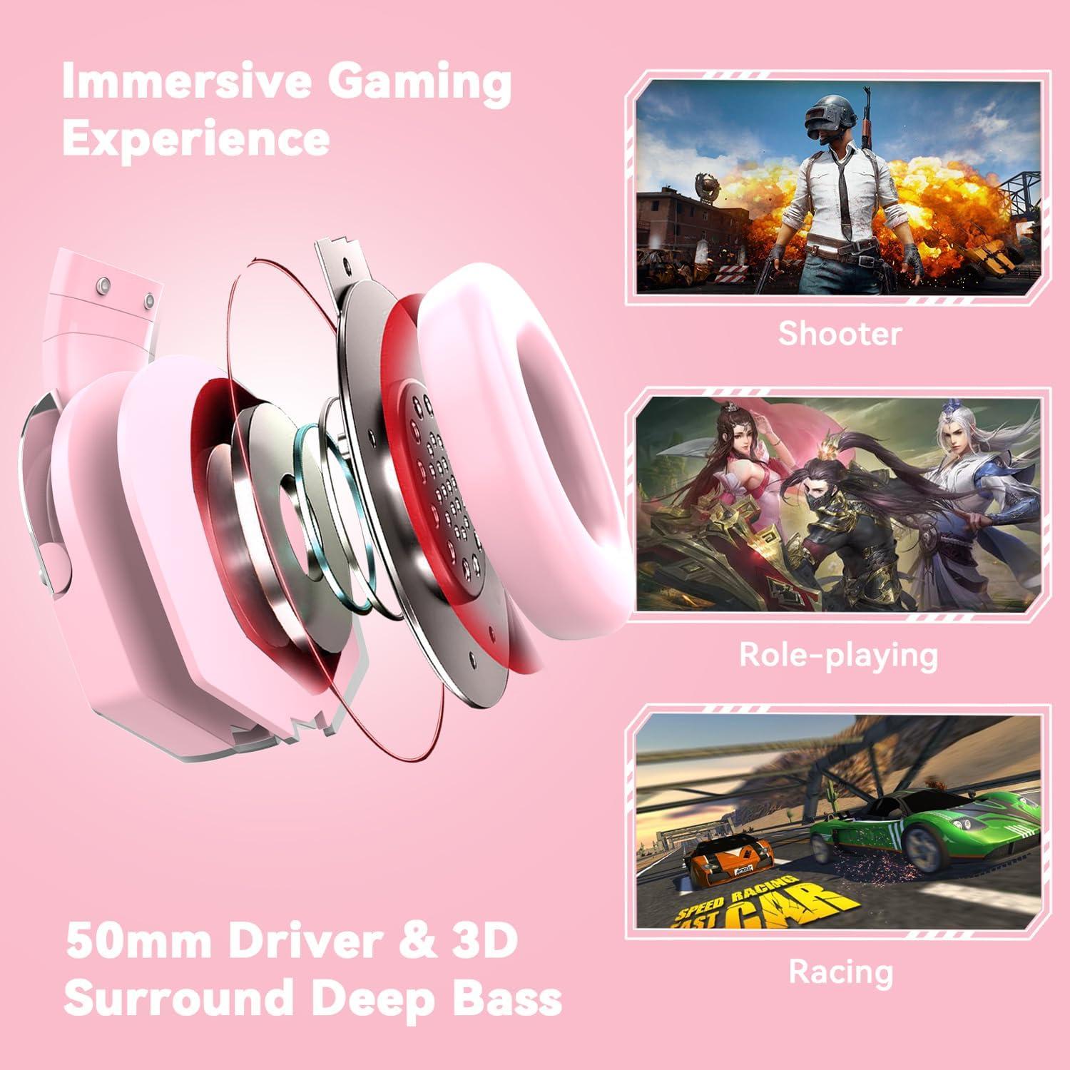 Auriculares Gaming IMYB A88 Rosa con Micrófono y Cancelación de Ruido