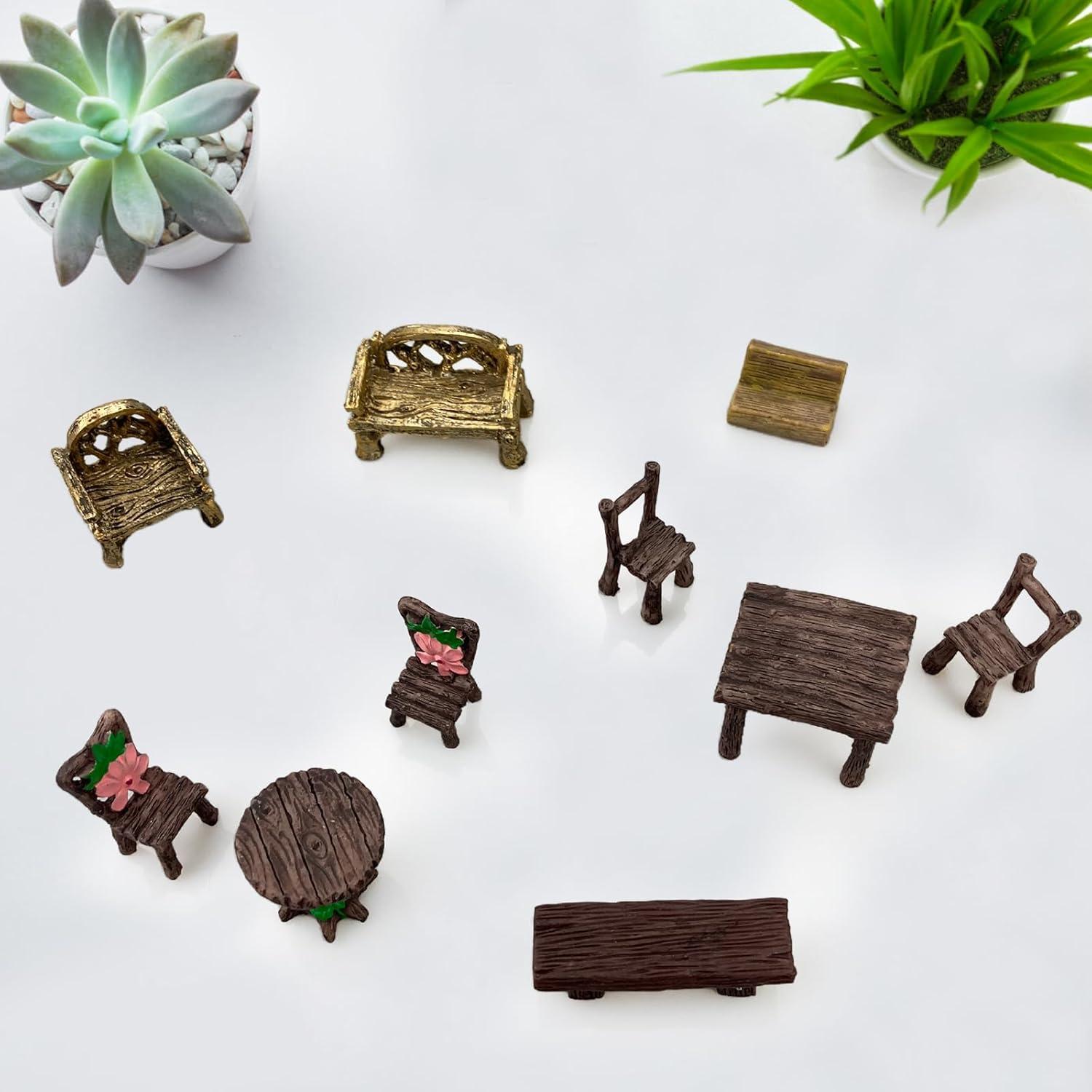 Juego de Mesa y Sillas en Miniatura PIVNASY - 10 Piezas Jardín de Hadas