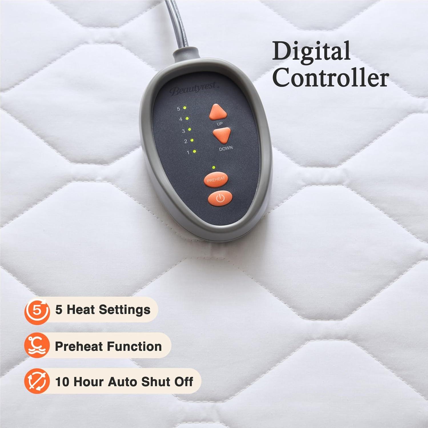 Beautyrest 3M Scotchgard Heated Mattress Pad - Electric Bed Warmer with 5 Heat Settings, 10 Hr Auto Shut Off Timer, All Around Elastic Deep Pocket, UL Certified, Machine Washable, White Twin XL