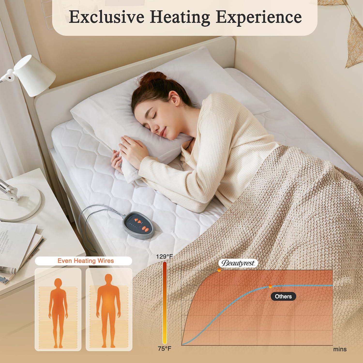 Beautyrest 3M Scotchgard Heated Mattress Pad - Electric Bed Warmer with 5 Heat Settings, 10 Hr Auto Shut Off Timer, All Around Elastic Deep Pocket, UL Certified, Machine Washable, White Twin XL