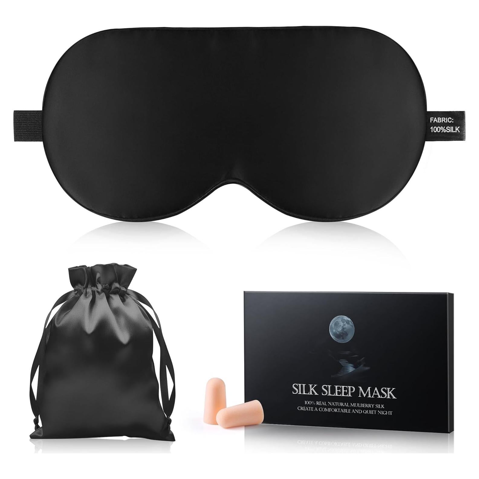 Máscara de Sueño de Seda Spacepower 100% Morera Negra Ajustable