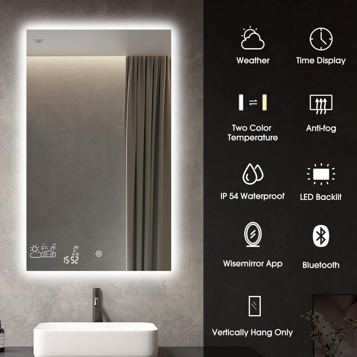 Espejo de Baño Inteligente BYECOLD 100x80cm Bluetooth LED