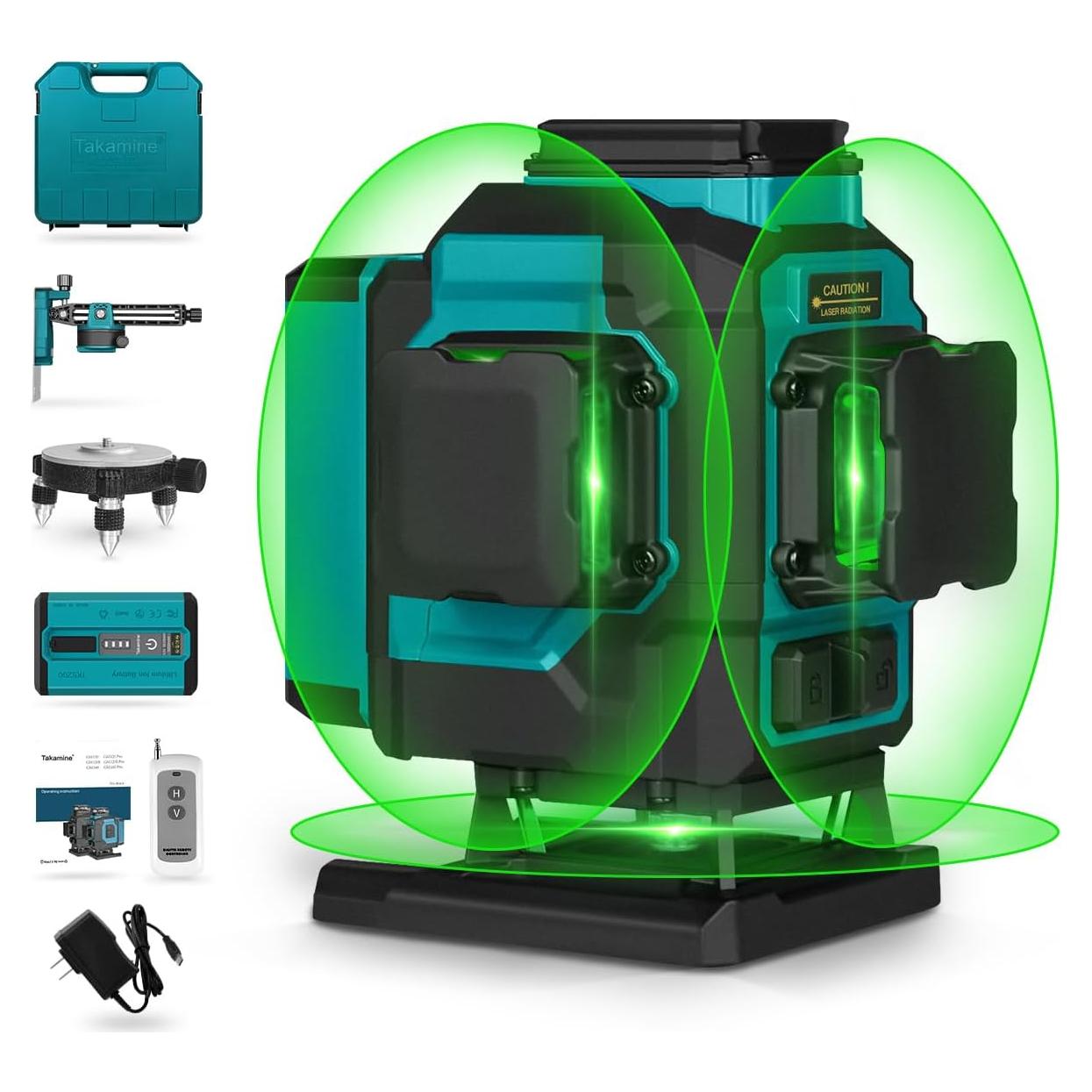 Takamine 3x360° 12 Lines Self Leveling Floor Green Laser Level, Laser Level for Construction/Picture Hanging/Floor/Tile with Remote Controller, Magnetic Rotating Stand and Type-C Charger
